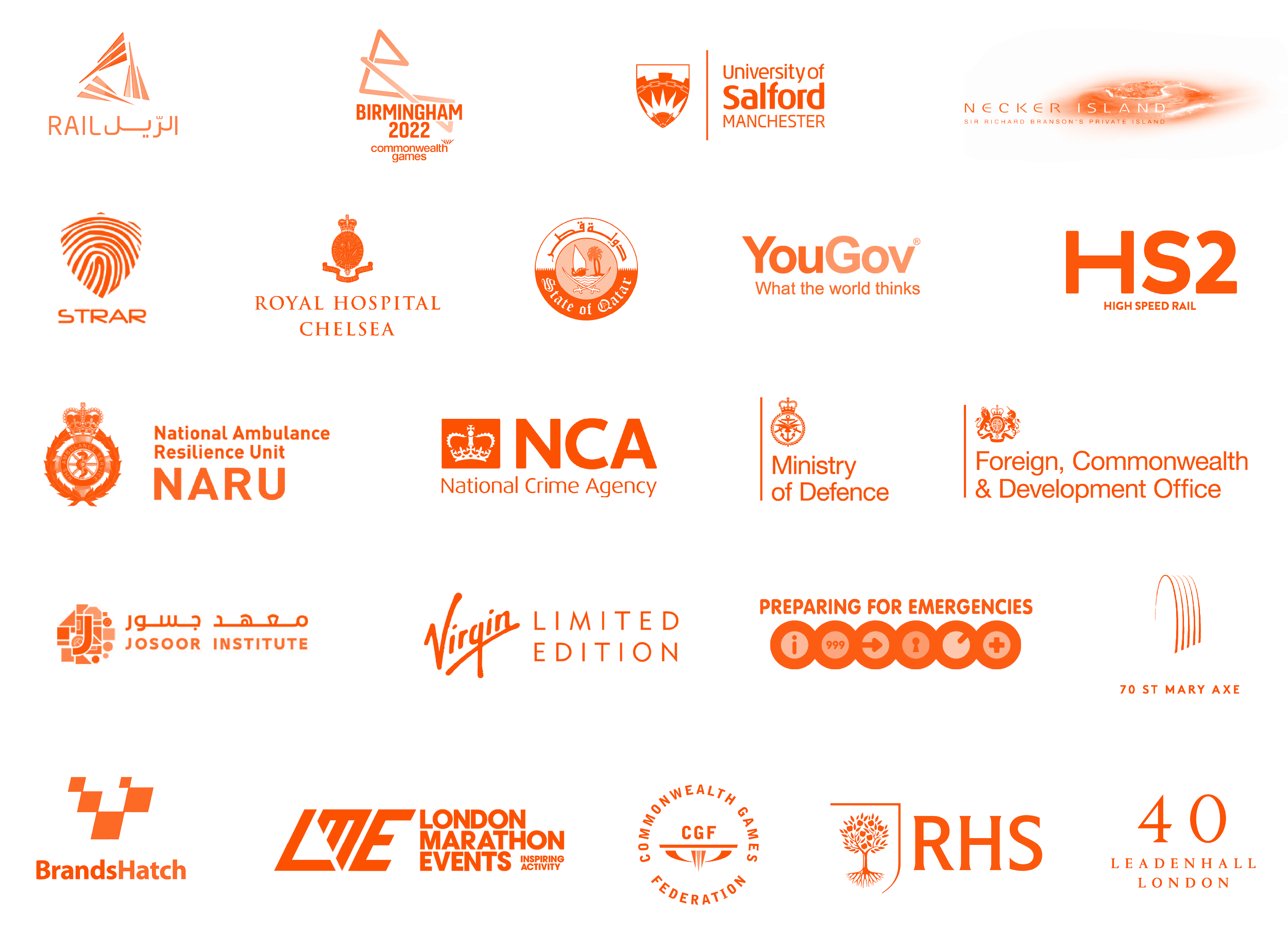 Collection of various logos, including rail, Birmingham 2022, University of Salford Manchester, Royal Hospital Chelsea, Royal Navy, YouGov, HS2, National Ambulance Resilience Unit, National Crime Agency, Ministry of Defence, Foreign Commonwealth & Development Office, Virgin Limited Edition, Emergency Disaster Response, 70 St Mary Axe, BrandsHatch, London Marathon Events, Commonwealth Games Federation, RHS, and Landenhall London.
