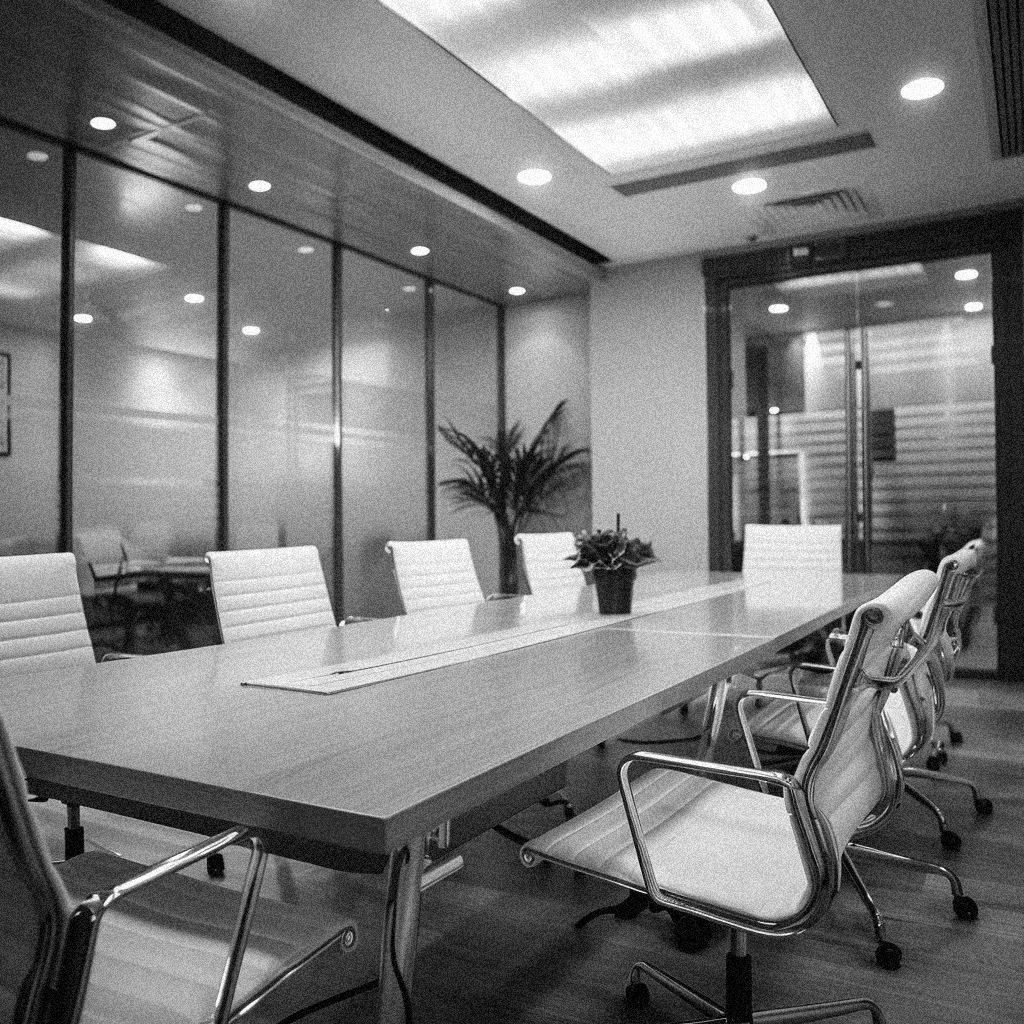 A modern conference room with a long rectangular table, white chairs, a potted plant, and frosted glass walls.