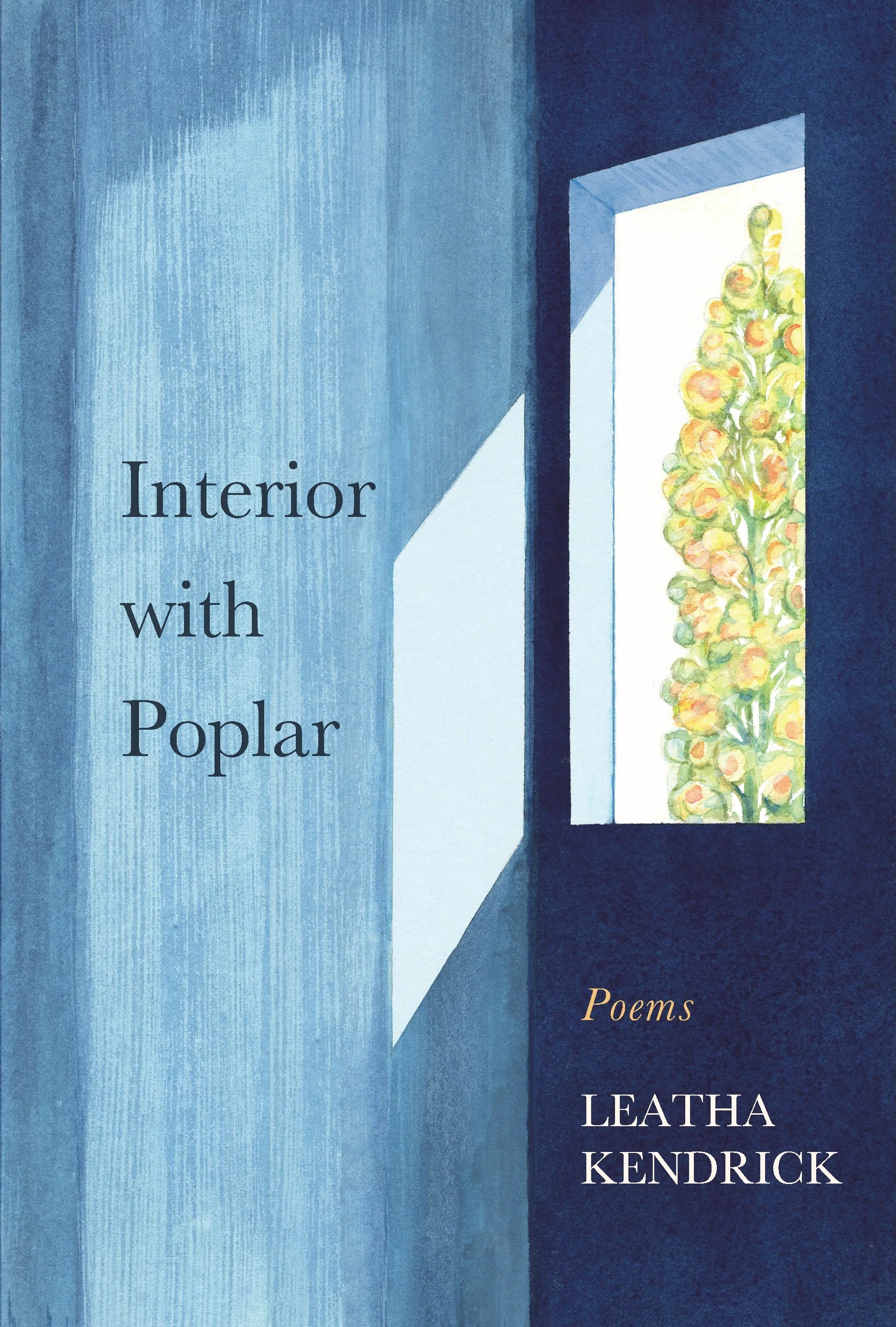 Book cover of a window open to a blue room. Text: Interior with Poplar