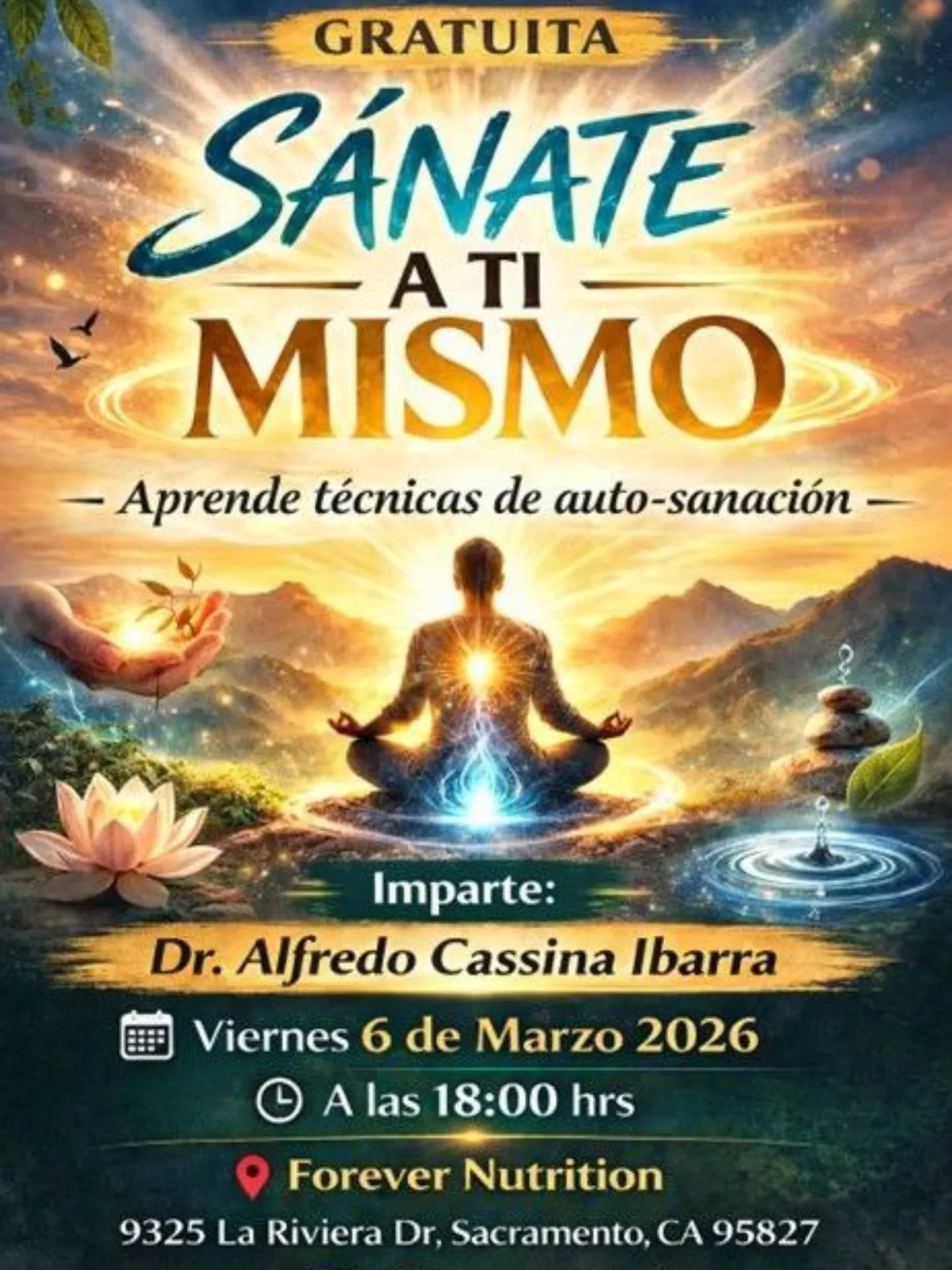 Muy buenas tardes comunidad,

Hoy quiero invitarles a una experiencia que puede transformar su bienestar f&iacute;sico, emocional y espiritual.

Tendremos la oportunidad de aprender sobre t&eacute;cnicas de autosanaci&oacute;n con el reconocido espec