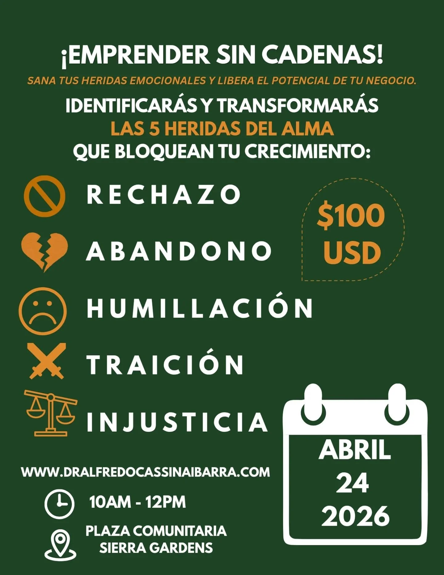 ✨ &iquest;Sientes que algo te est&aacute; frenando en tu crecimiento personal o en tu negocio?
Es momento de soltar, sanar y avanzar. 💫
En este taller aprender&aacute;s a identificar y transformar las 5 heridas del alma que pueden estar bloqueando t