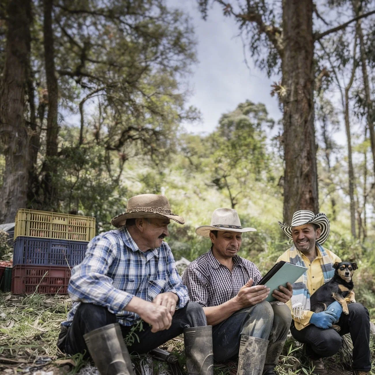 Three men in hats sit outdoors among trees, one holding a tablet, while another holds a small dog; crates are stacked nearby.