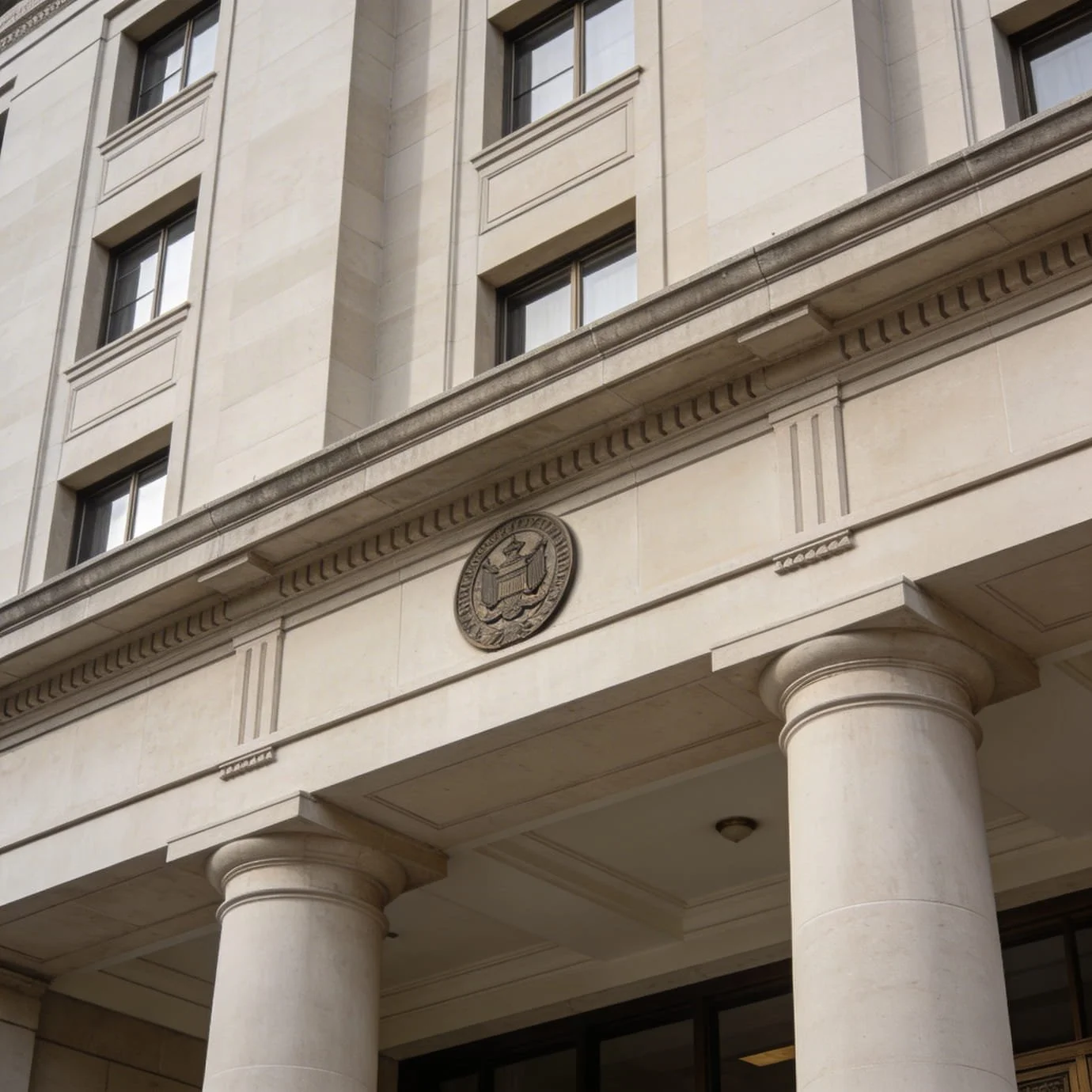 The exterior of a government building with tall columns and a circular emblem on the wall.