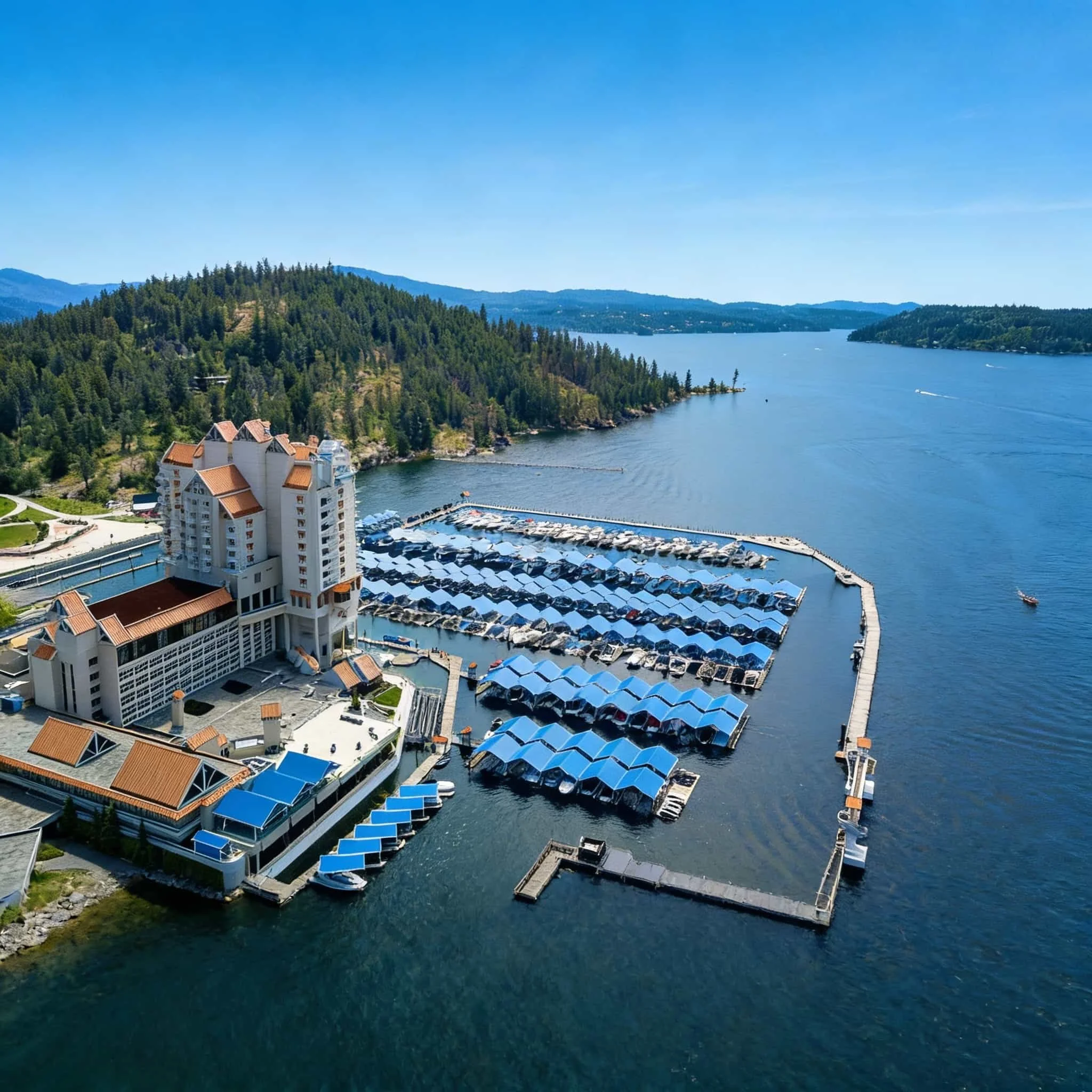 A lakeside resort with a marina, blue-roofed boat docks, and forested hills under a clear blue sky.