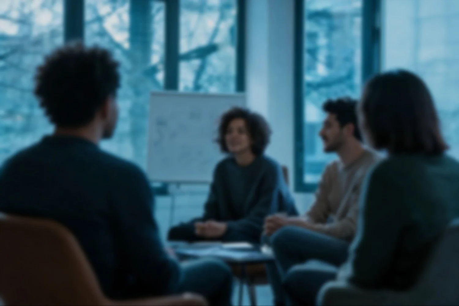 Four people sit in a circle having a discussion in a modern office with large windows and a whiteboard in the background.