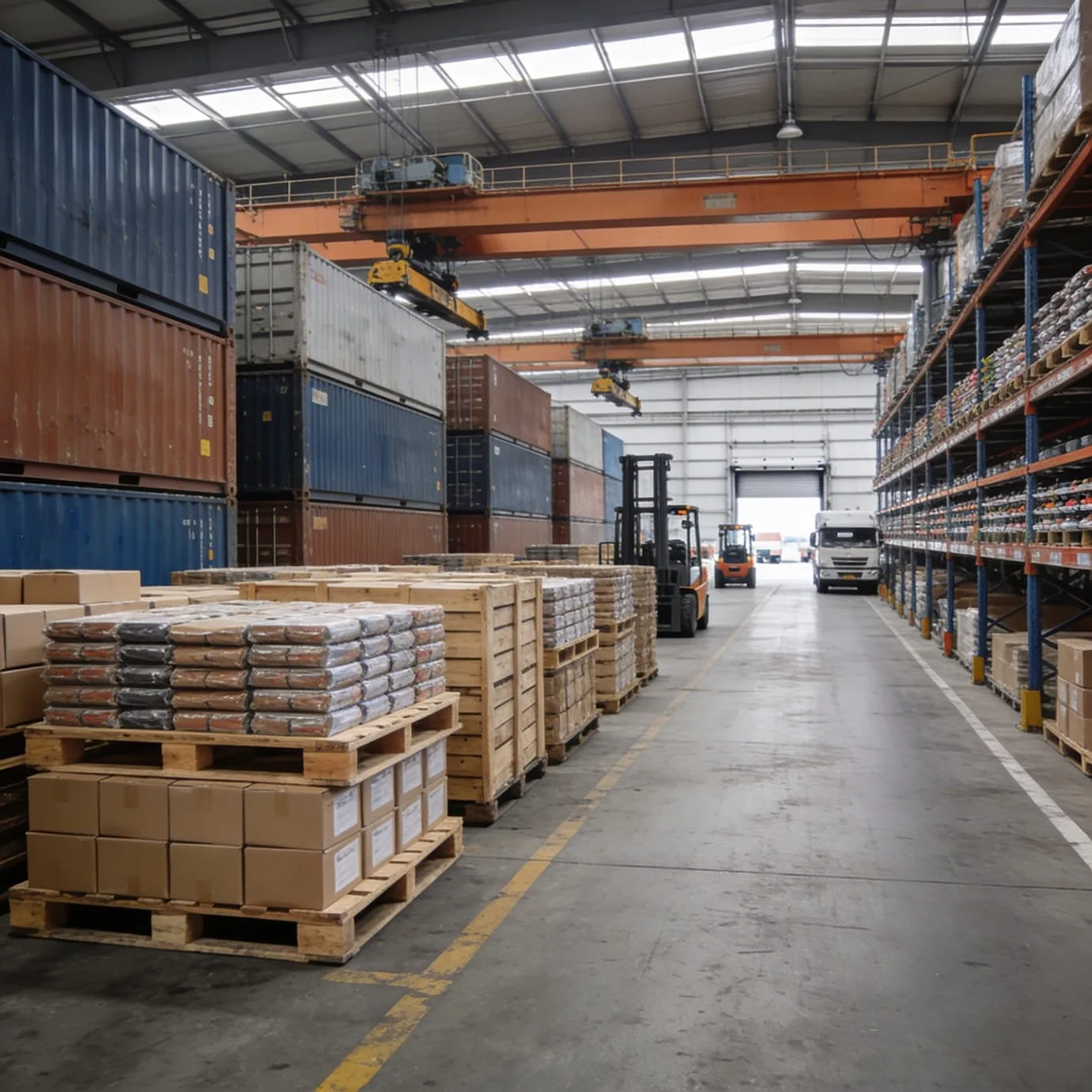 Inside a warehouse with stacked shipping containers, wooden pallets, forklifts, and shelves filled with boxes and goods.