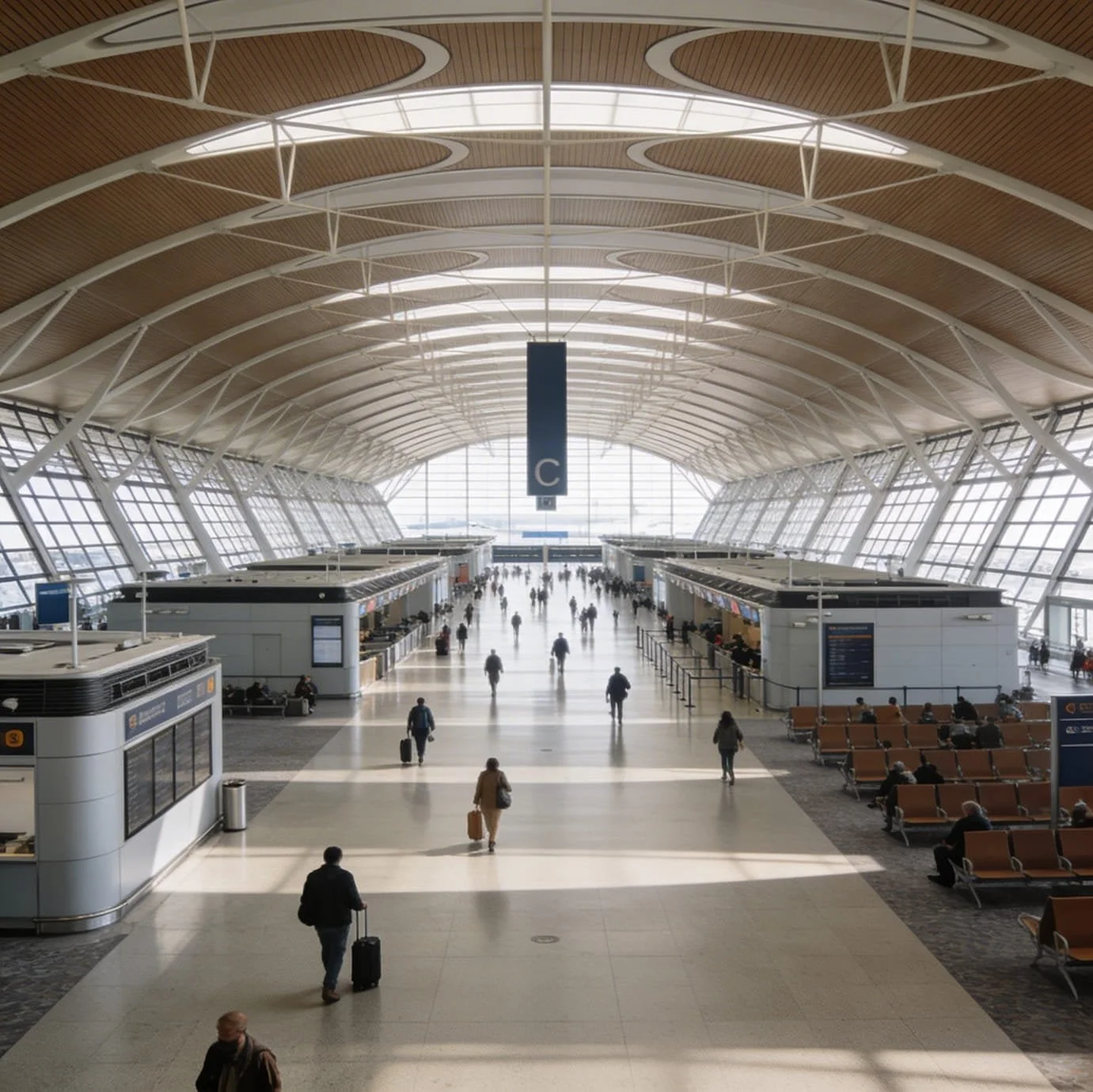 Interior of a modern airport terminal with a high arched ceiling, large glass windows, and travelers walking with luggage.