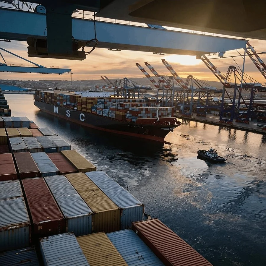 Un gran buque portacontenedores de MSC y un remolcador navegan por un puerto muy concurrido al atardecer, rodeados de contenedores apilados y grúas.