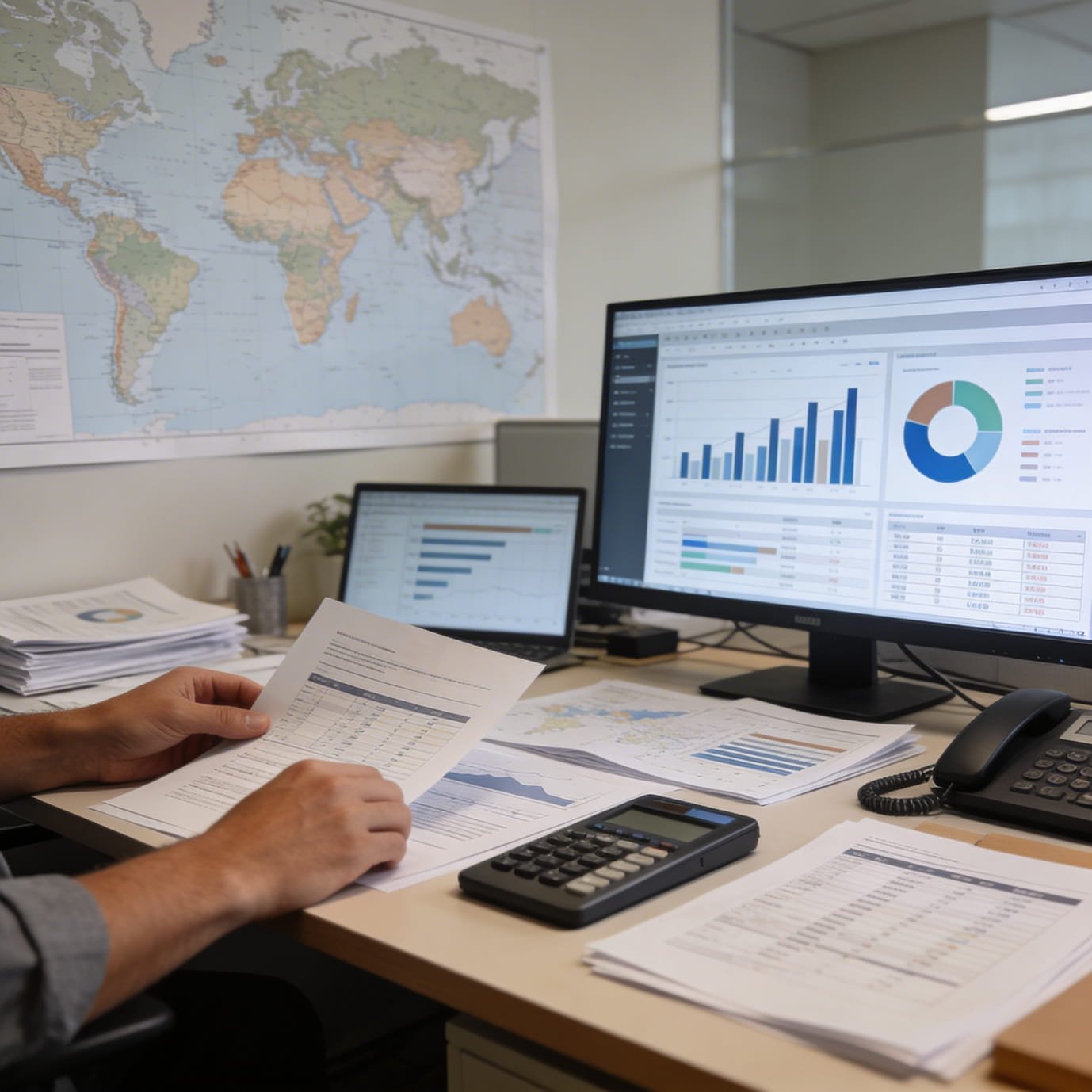 An office desk with financial documents, a calculator, a telephone, and computer monitors displaying charts and graphs. A person is holding a paper with printed data.