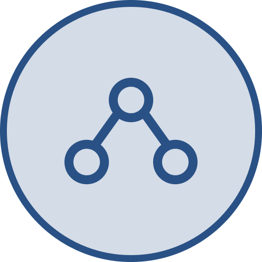 A blue circular diagram with three connected nodes forming a triangle in the center.