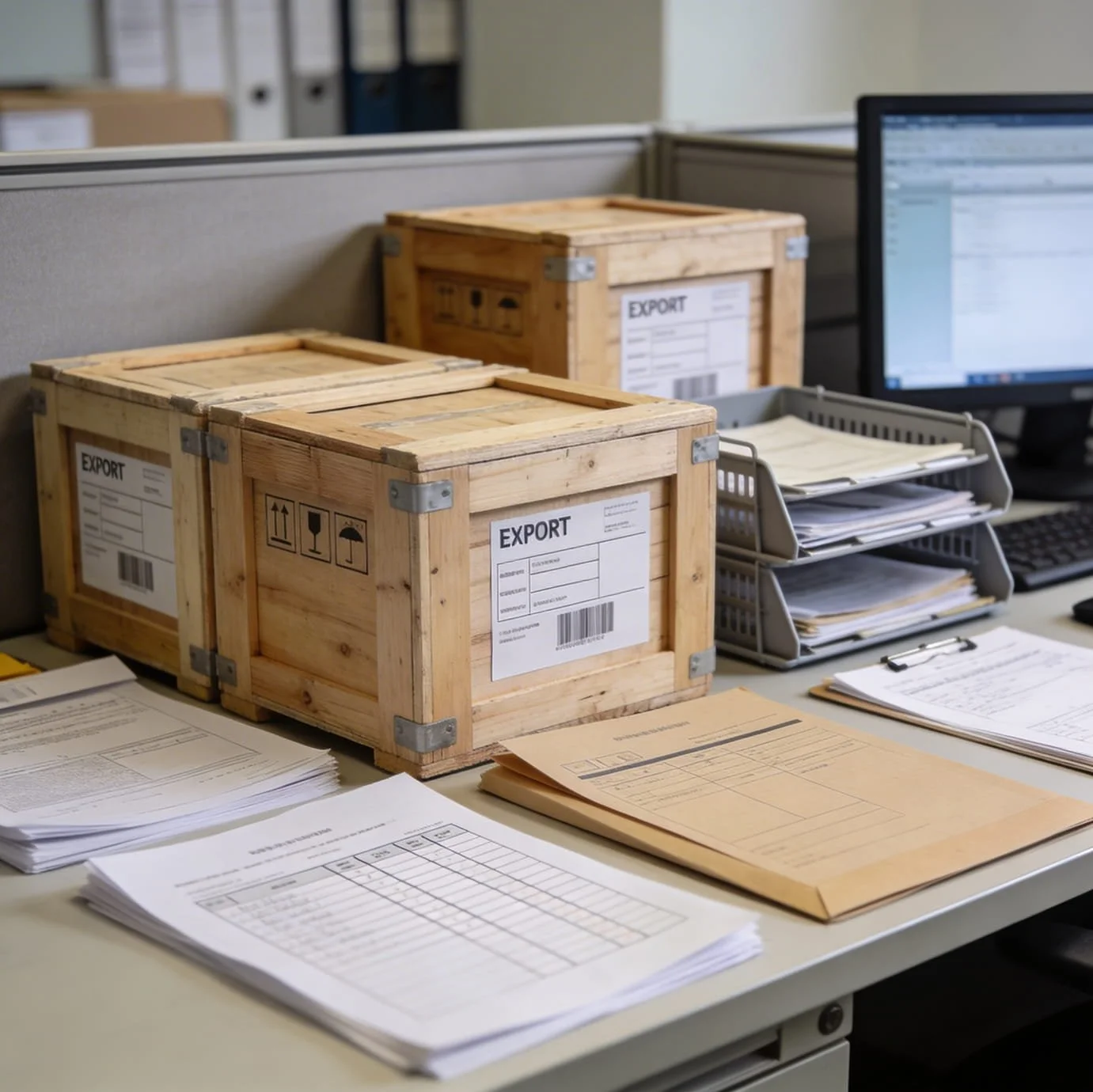 Office desk with three wooden export crates, stacked papers, files in a desk organizer, and a computer monitor.