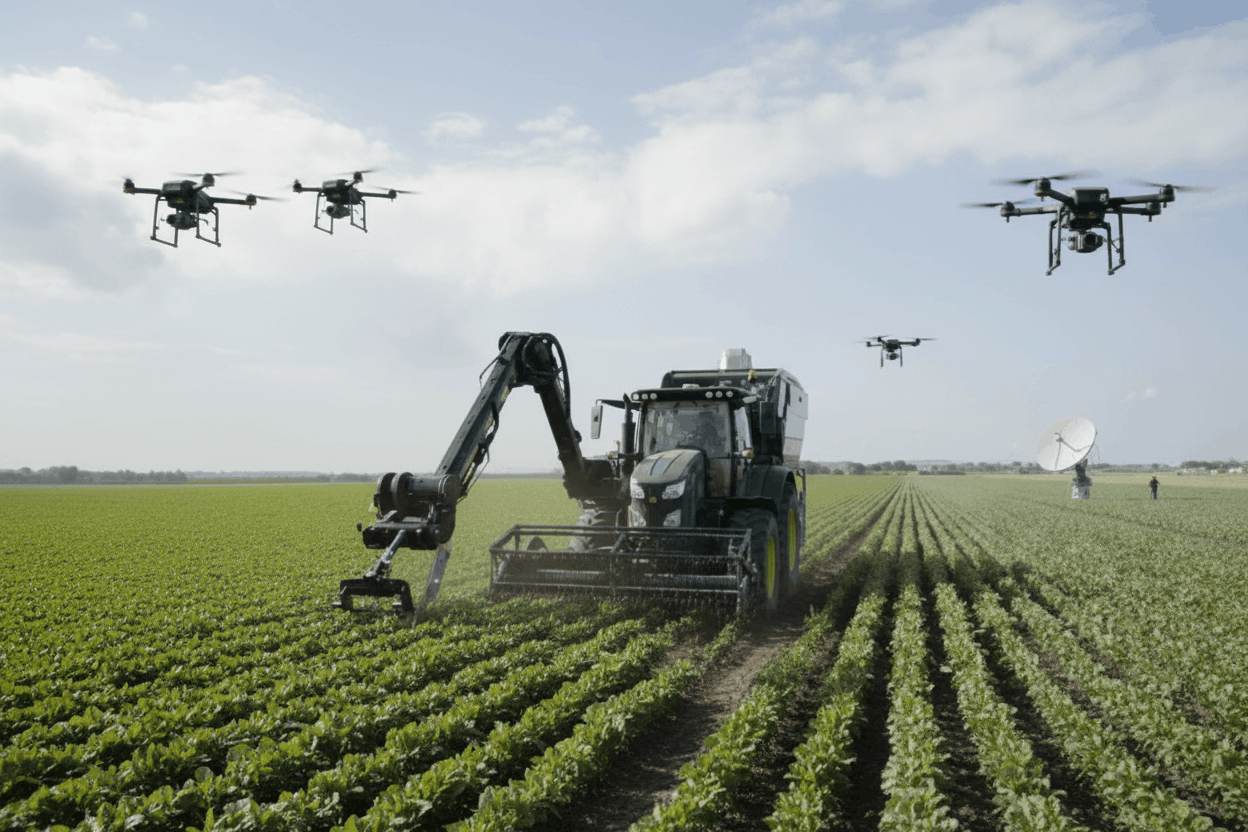 Campo de cultivo con un tractor y un dron supervisando los cultivos, con una antena parabólica al fondo, bajo un cielo nublado.