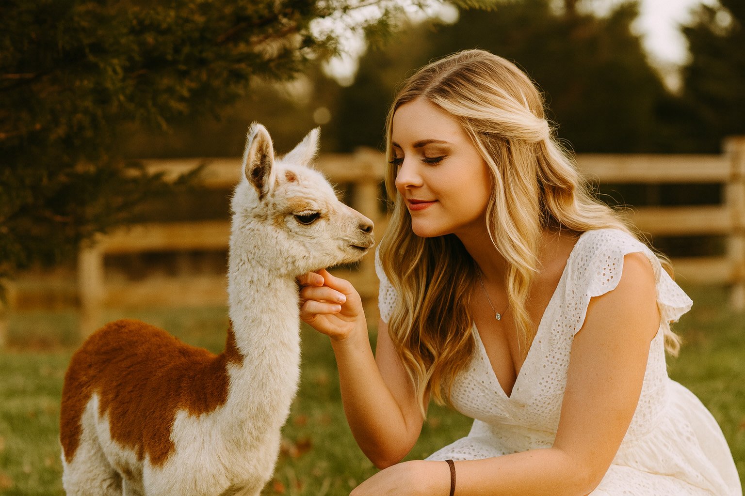 Woman gently touching a baby alpaca outdoors at Sapphire Charm Alpacas