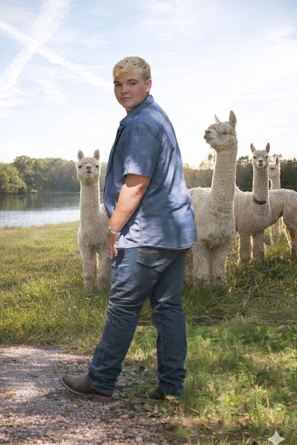 Farm owner standing with alpacas outdoors at Sapphire Charm Alpacas