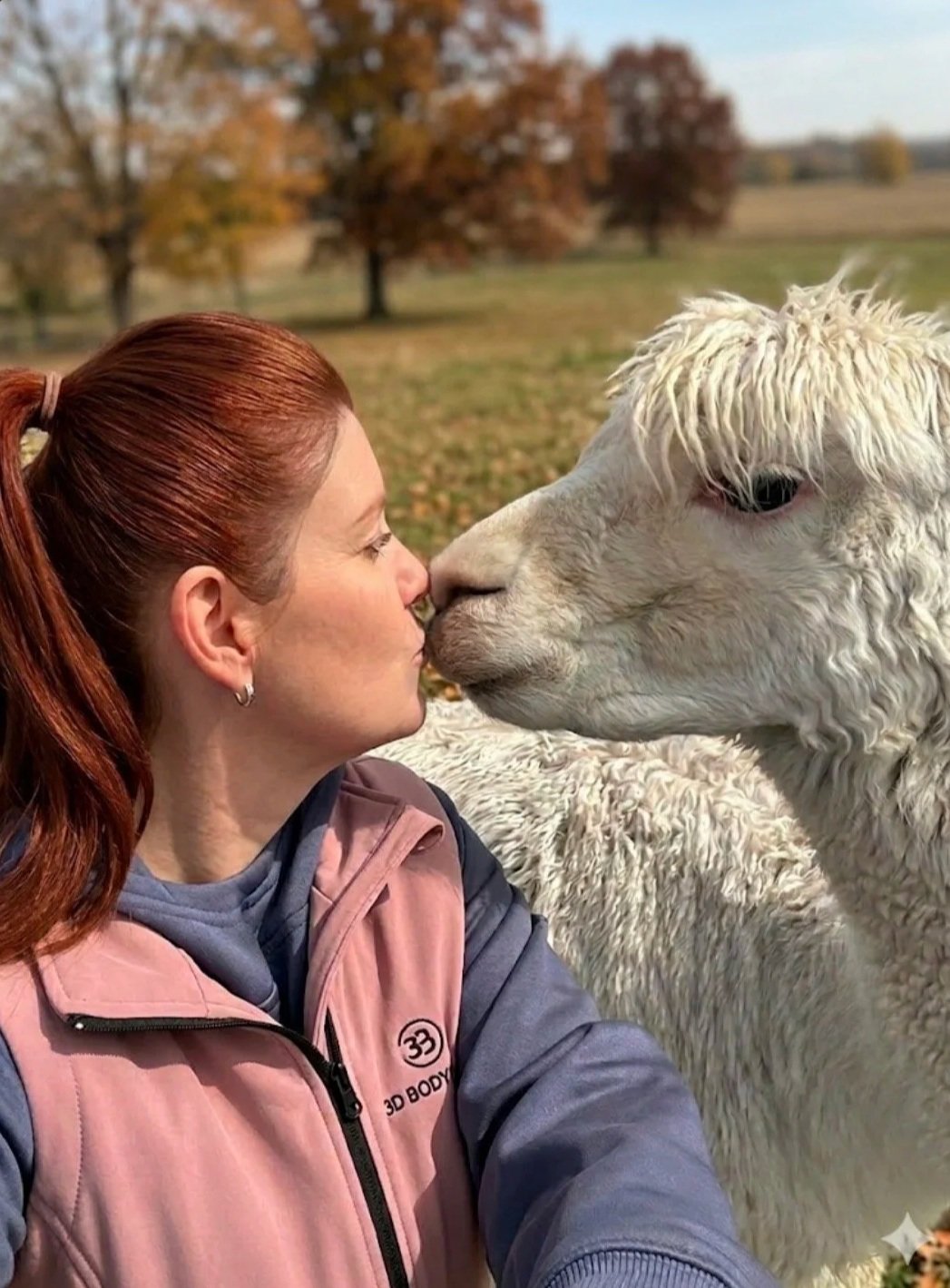 Woman kissing a white alpaca on the nose at the farm