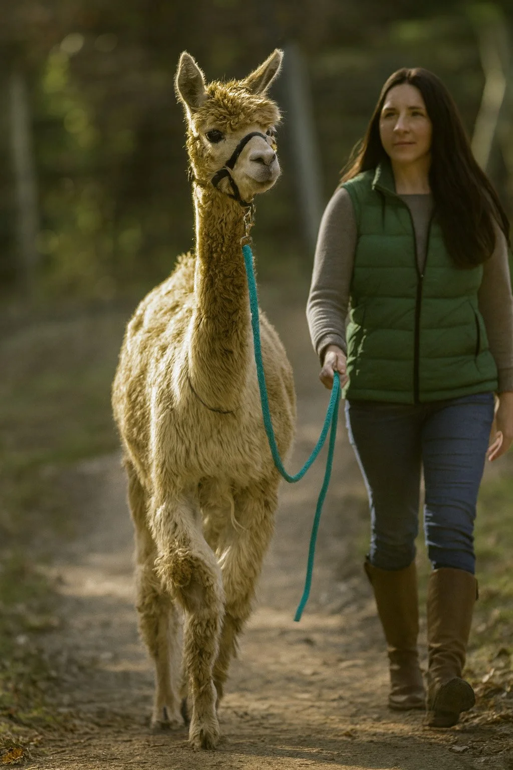 Guest walking an alpaca on a lead through a green pasture