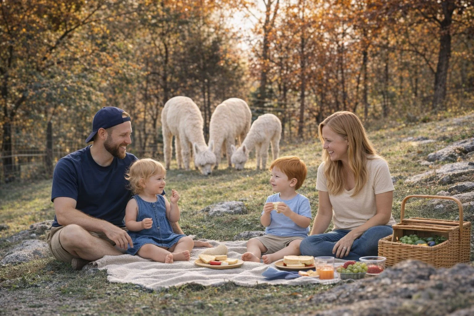 Family enjoying a picnic with alpacas in the pasture at golden hour
