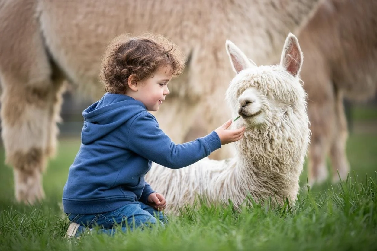 Young child petting a white alpaca at Sapphire Charm Alpacas