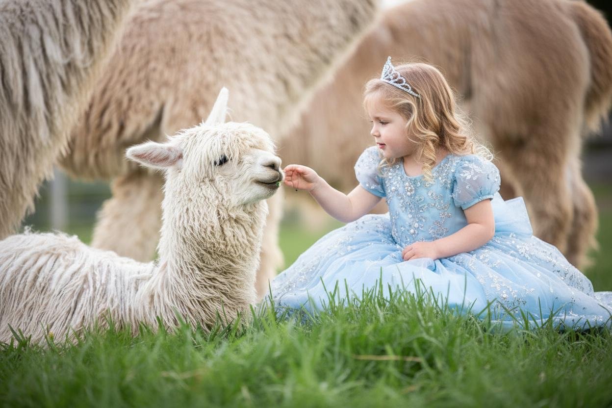 Little girl in a blue princess dress sitting with an alpaca during a photography session
