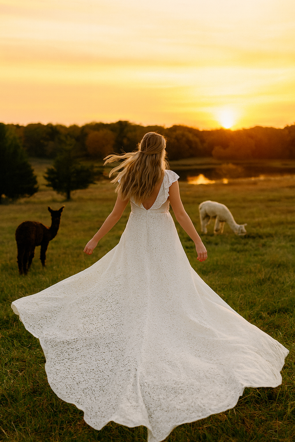Bride twirling in a white dress at sunset with alpacas in the background at Sapphire Charm Alpacas