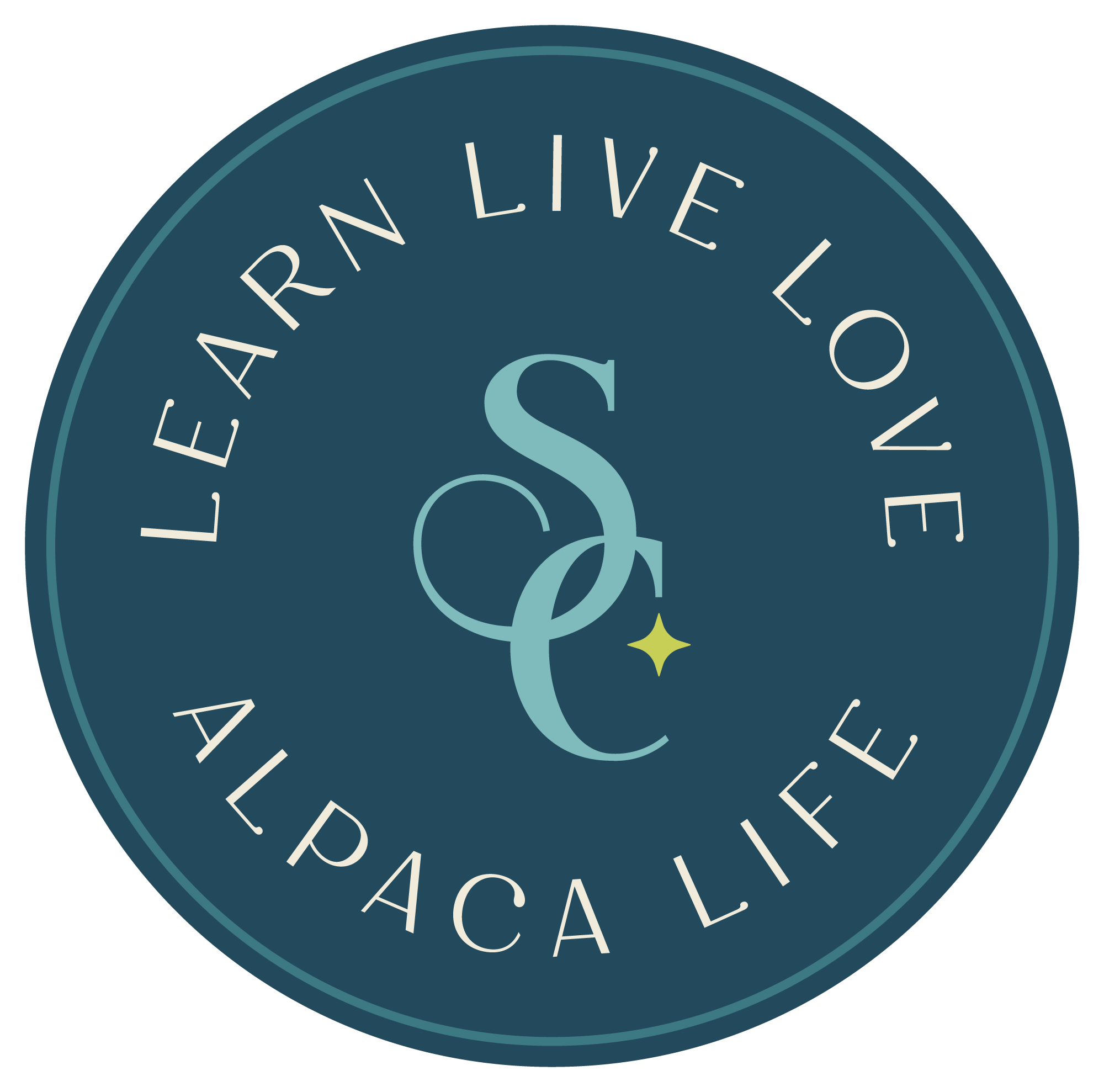 Sapphire Charm Alpacas badge logo with Learn Live Love Alpaca Life tagline
