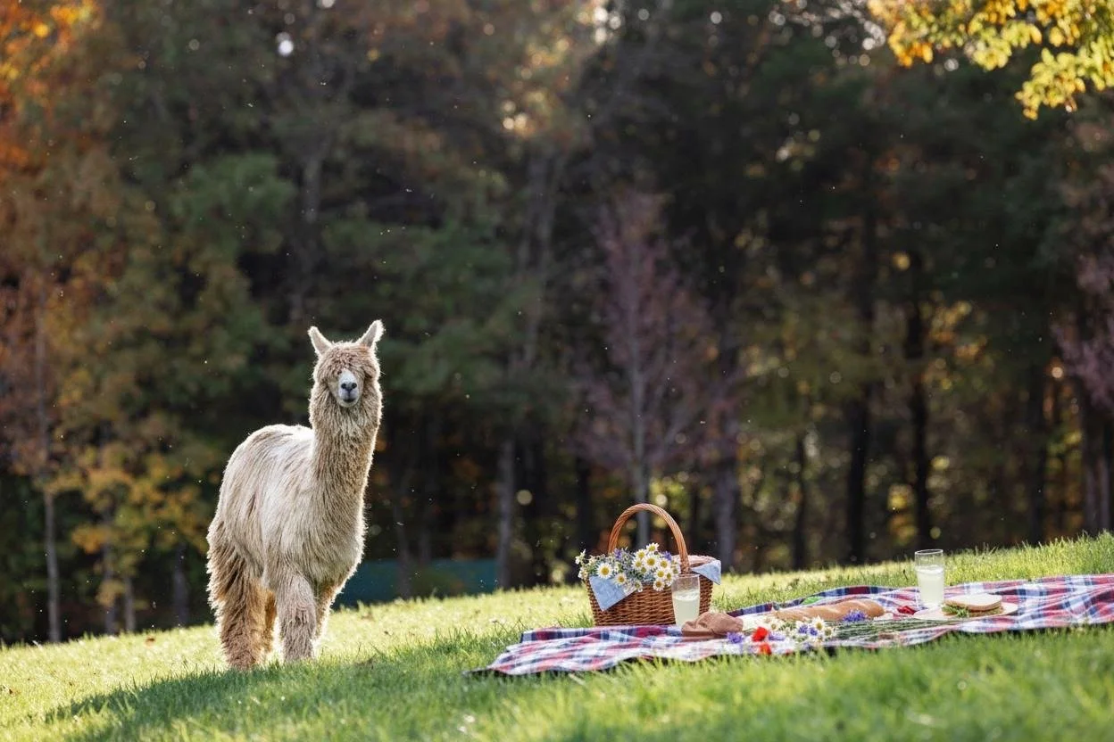 Alpaca approaching a picnic setup in the pasture at golden hour