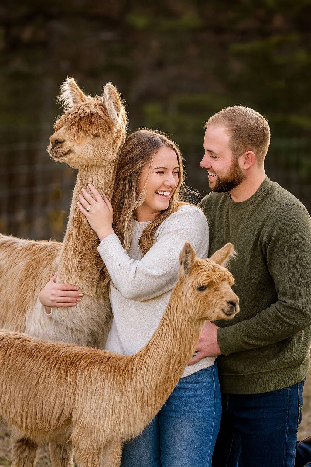 Couple laughing together with alpacas during a photography session at the farm