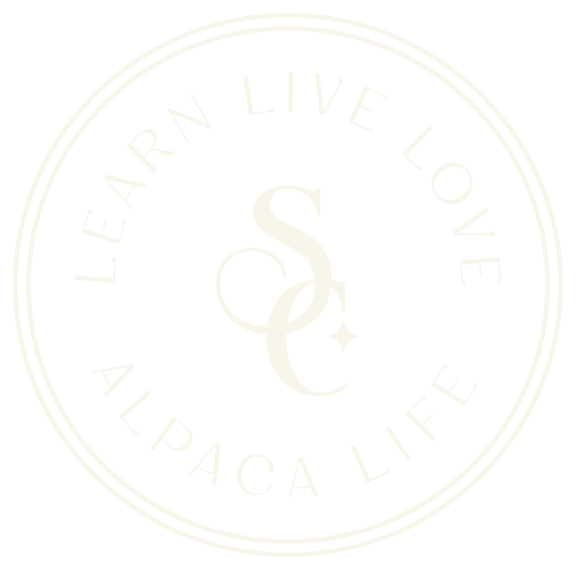 Sapphire Charm Alpacas badge logo with Learn Live Love Alpaca Life tagline