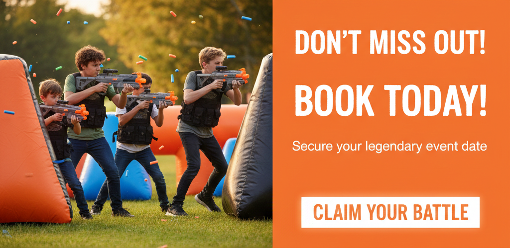 Children in camouflage shirts playing laser tag outdoors, aiming laser guns, with colorful obstacles and confetti in the background.