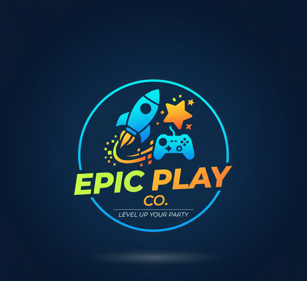Logo for Epic Play Co. with a rocket, star, and game controller, and the slogan 'Level Up Your Party' on a dark blue background.