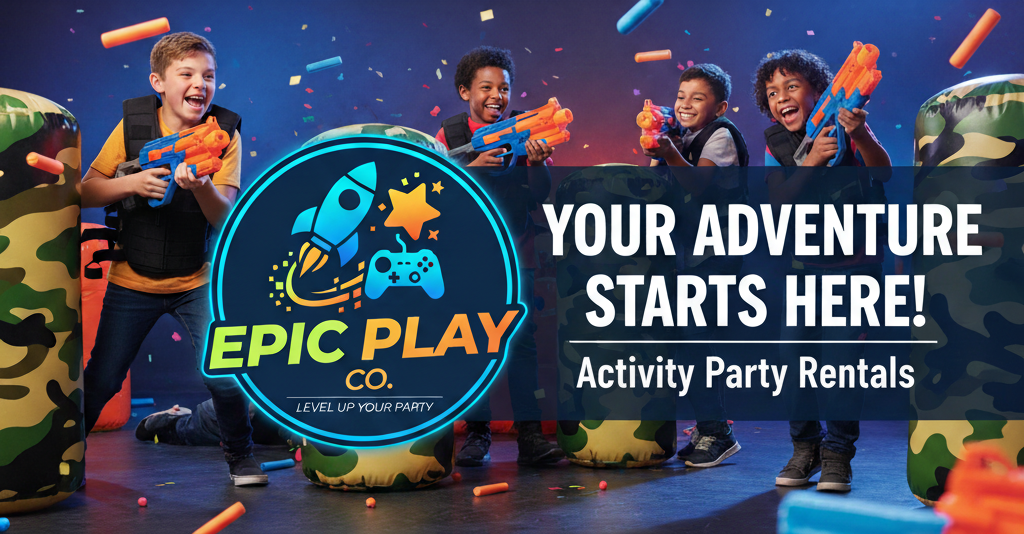 Children at an indoor activity party, playing with water gun toys and surrounded by confetti and inflatable obstacles, with a logo for Epic Play Co. and text announcing activity party rentals.