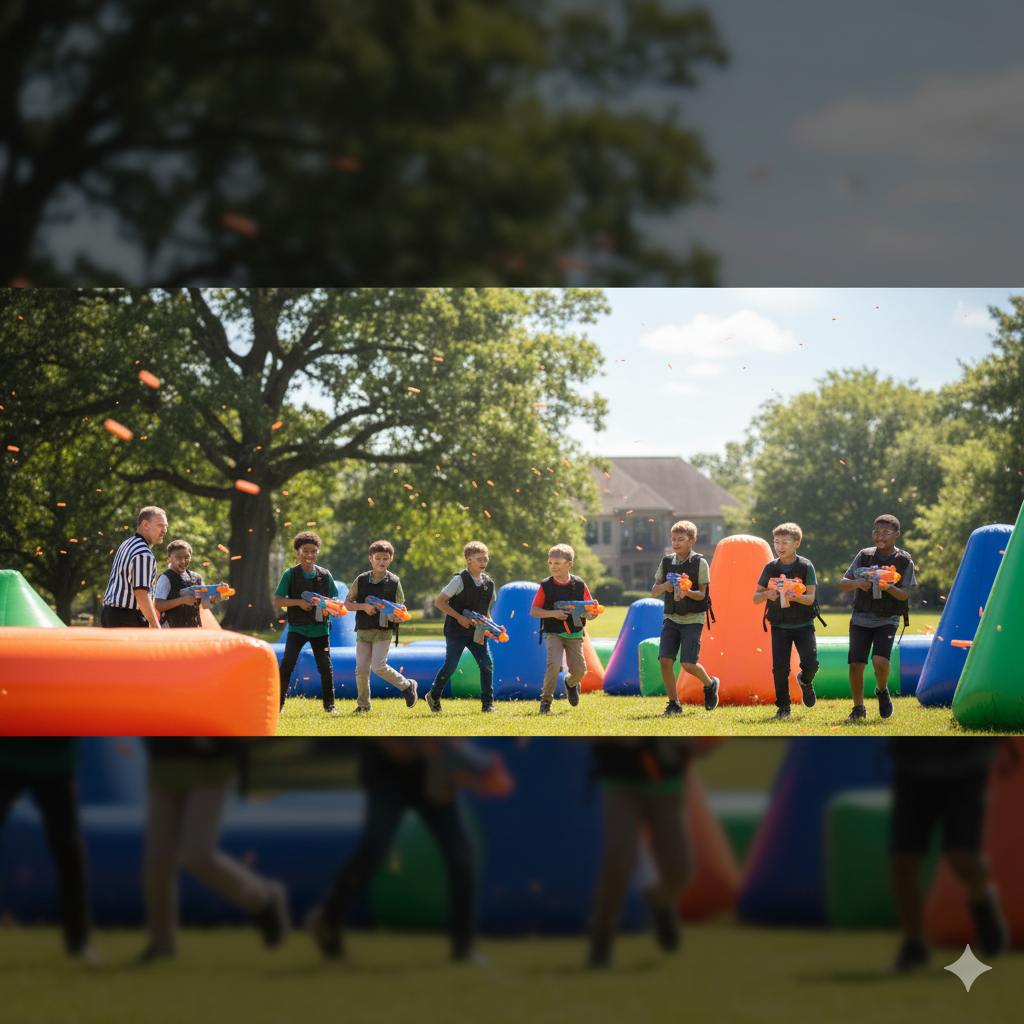 Group of children playing laser tag outdoors on a sunny day with inflatable obstacles and an adult referee nearby.