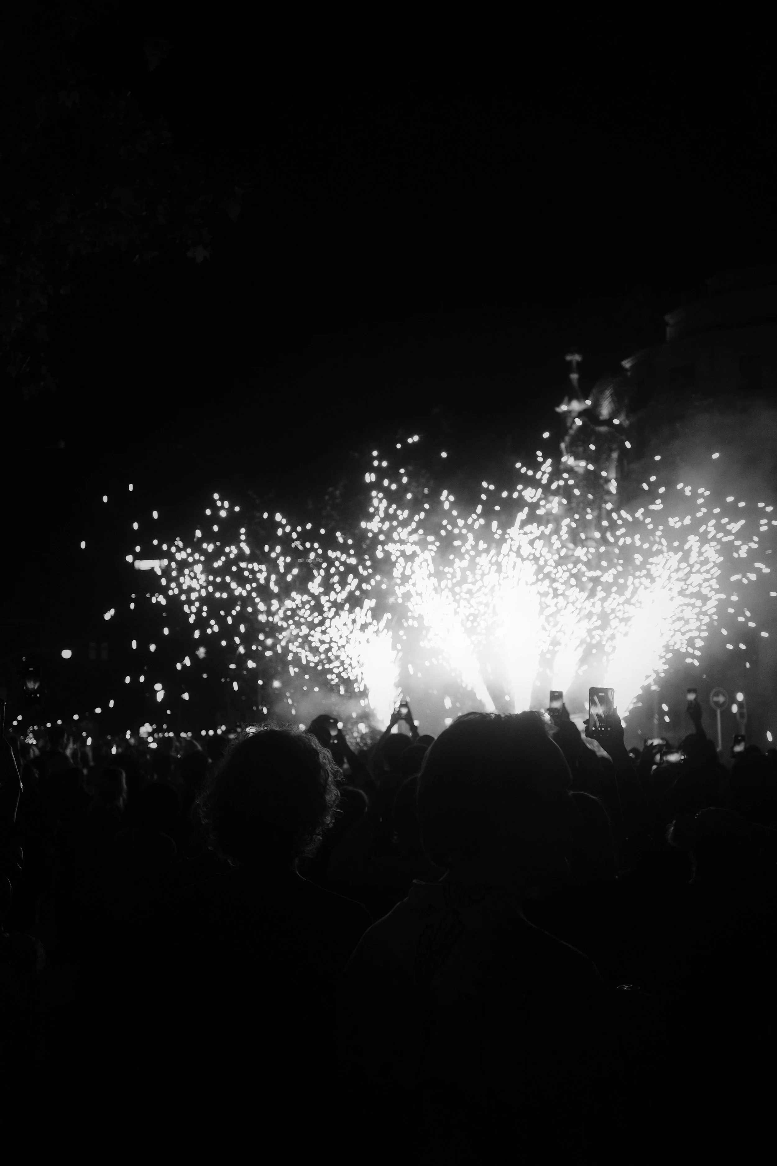Crowd watching fireworks display at night.
