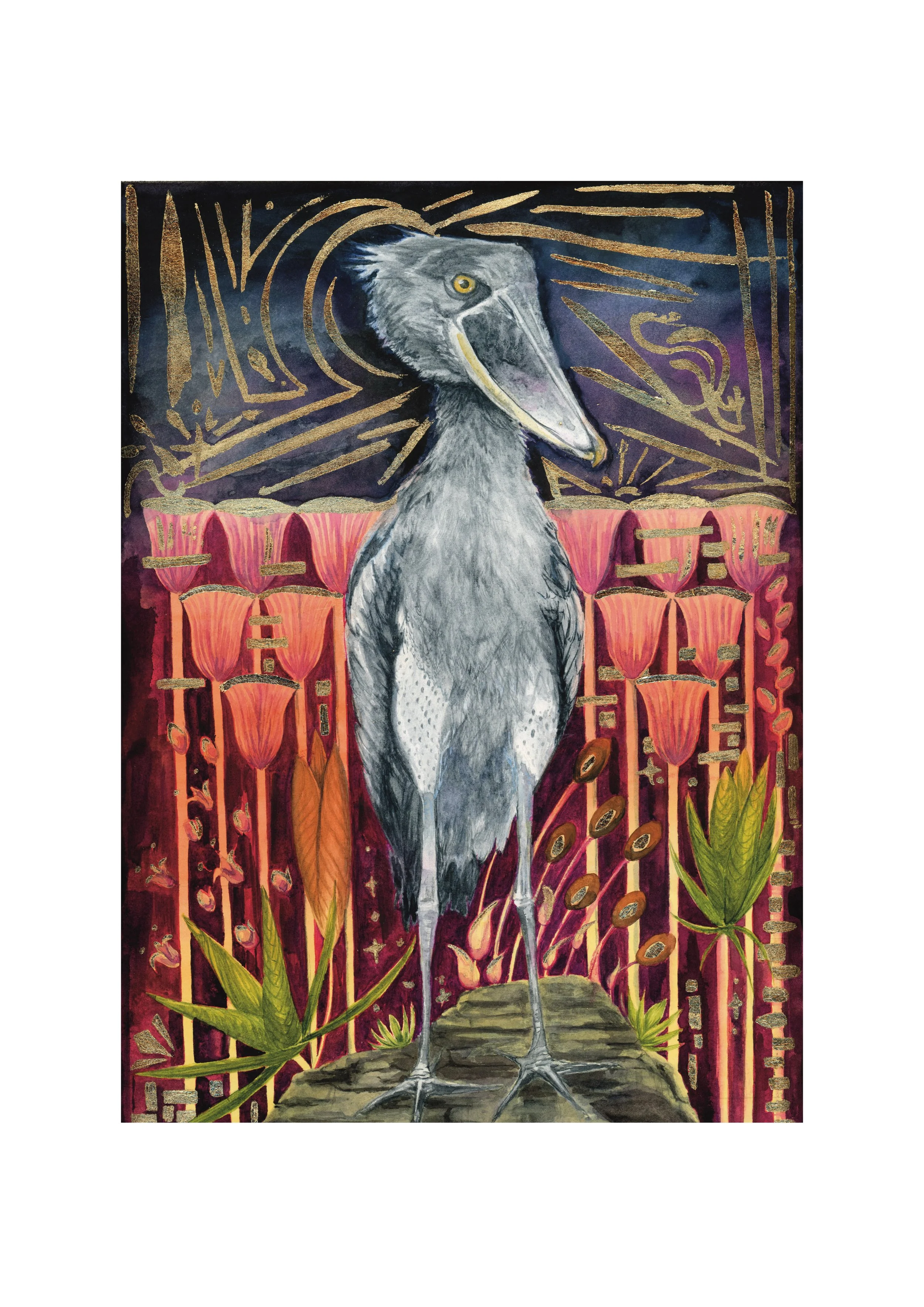 Watercolor painting of a grey heron standing on a rock with stylized plants and flowers in background, featuring gold accents and a dark, abstract sky.