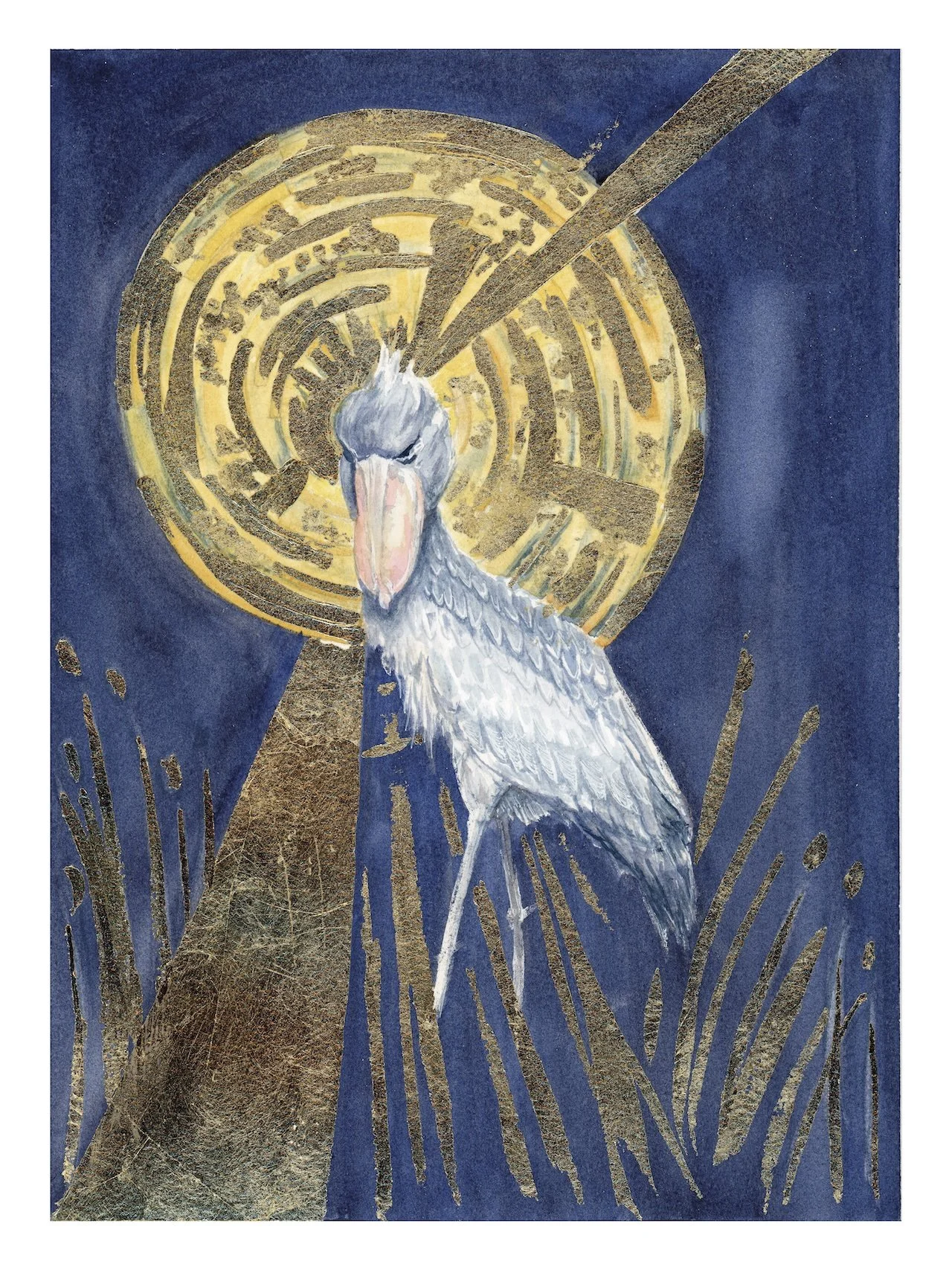 A painted mural of a white heron standing in front of a stylized golden circular background on a dark blue wall.