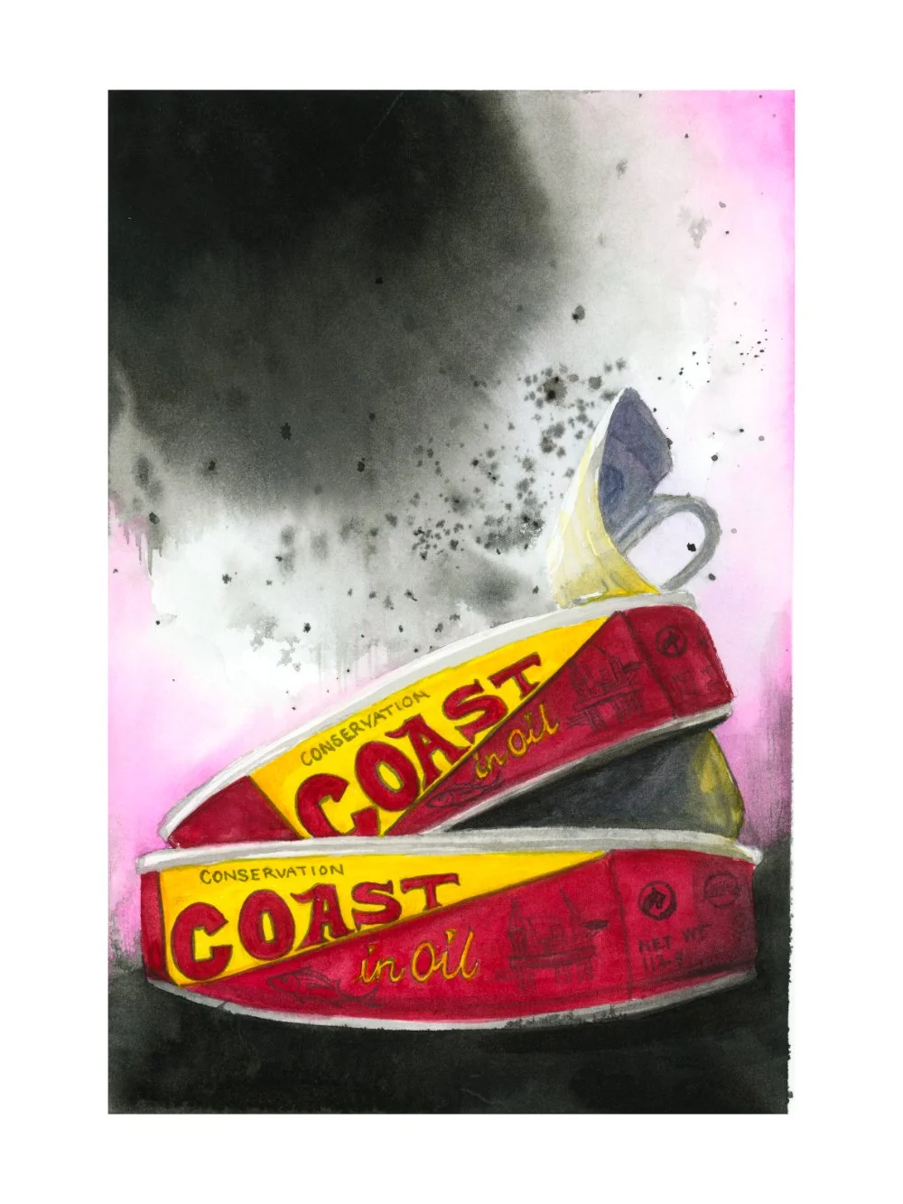 Painting of two cans of Coast in Oil anti-corrosion paint with a spilled cup of oil, against a black and pink background.