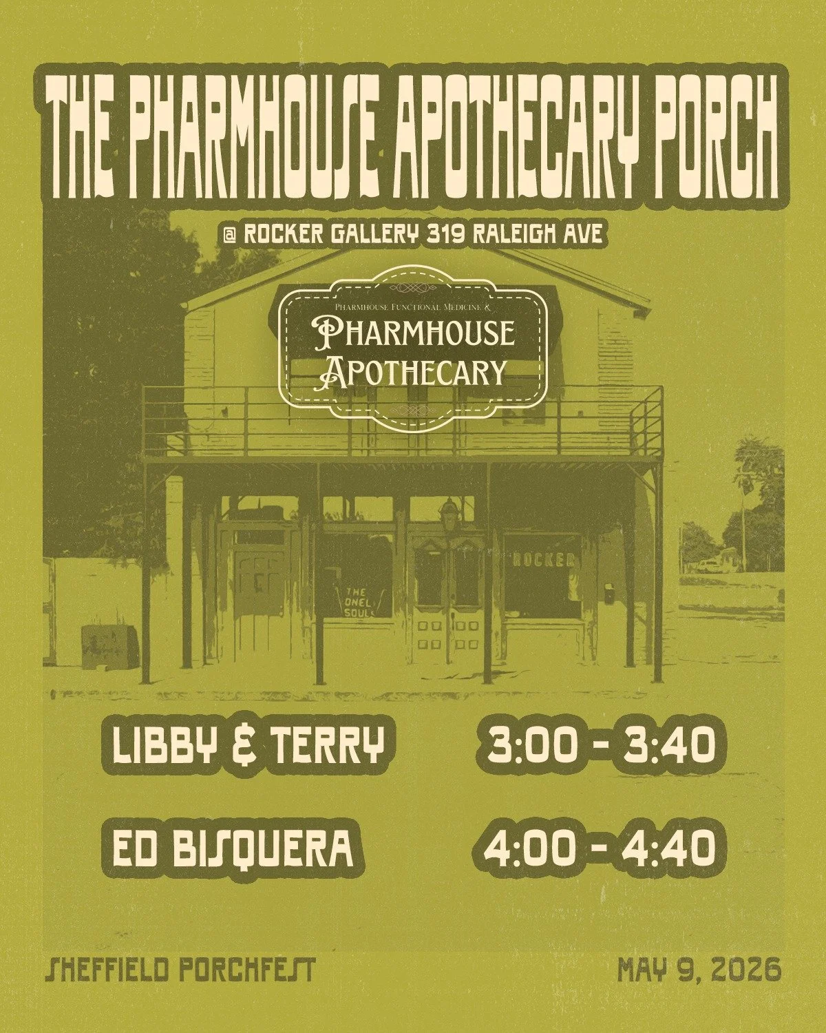 Last, but certainly not least, is the appropriately nicknamed "Jazz Porch"!

You can hear world class jazz from the The Pharmhouse Apothecary Porch at Rocker Gallery downtown!