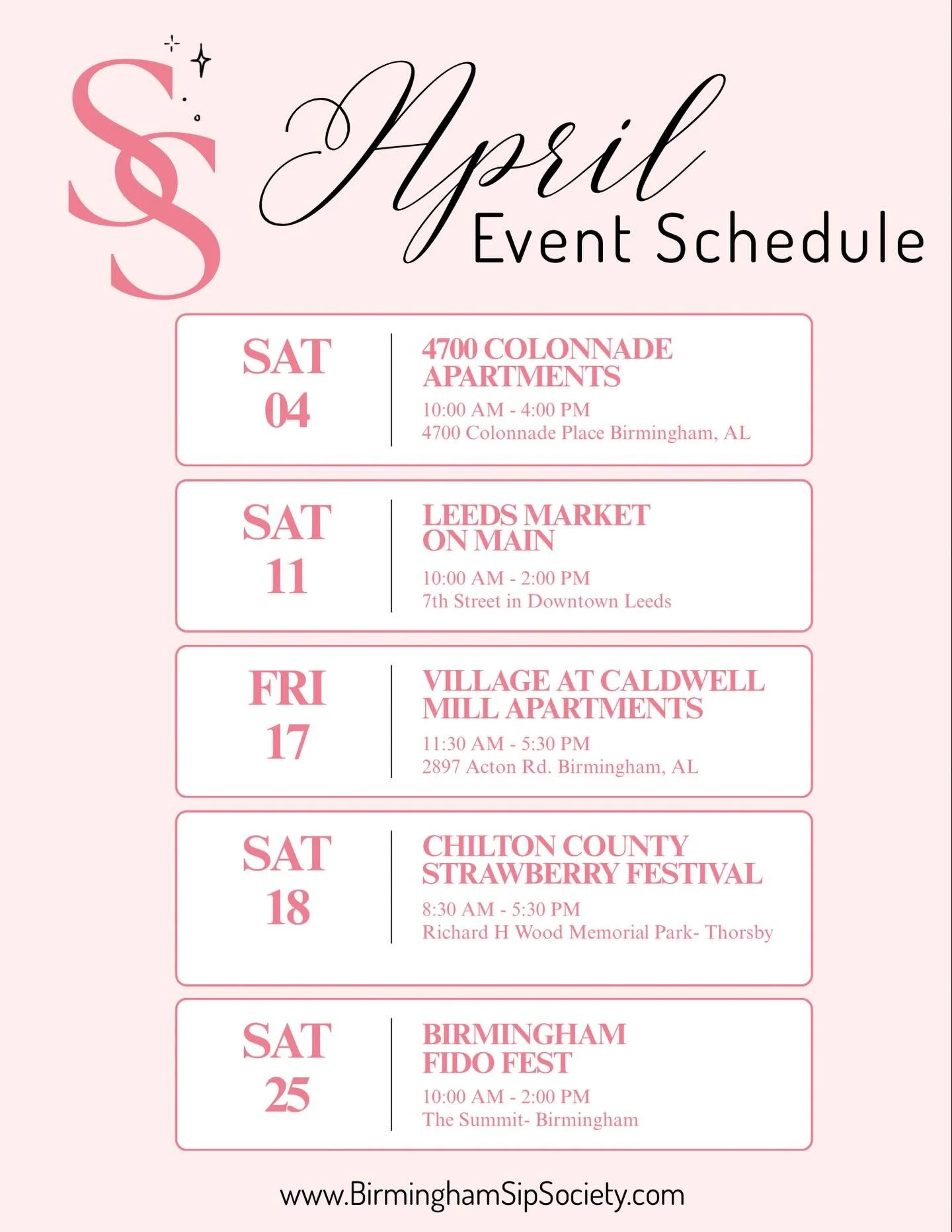 You&rsquo;re officially invited ✨
Join The Sip Society this April as we pop up all over Birmingham + beyond. We&rsquo;re so excited for a month full of events, new faces, and of course&hellip; the best sips 💕
Stop by and see us &mdash; we&rsquo;d lo