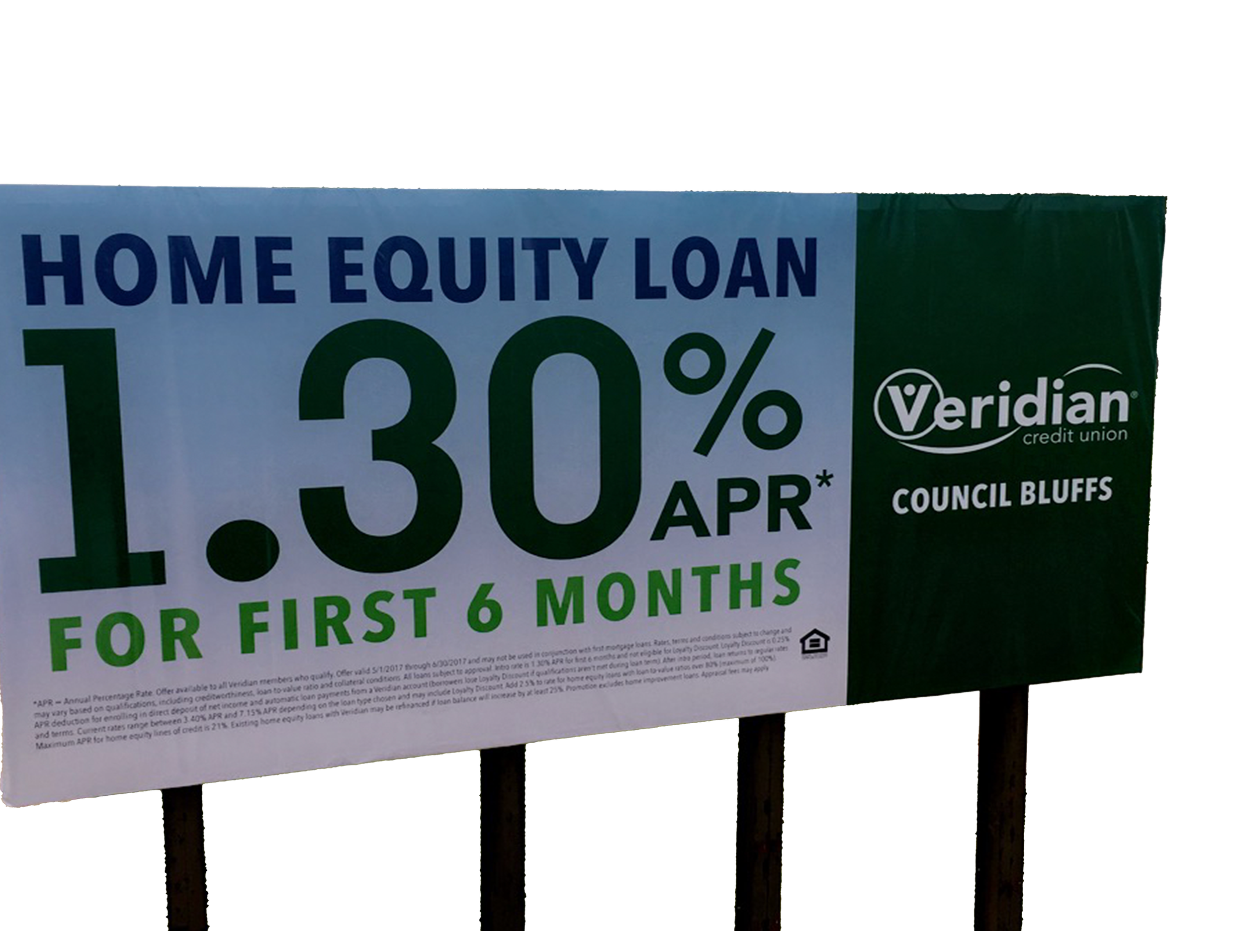 Sign advertising home equity loan at 1.30% APR for the first 6 months from Verdian Credit Union in Council Bluffs.