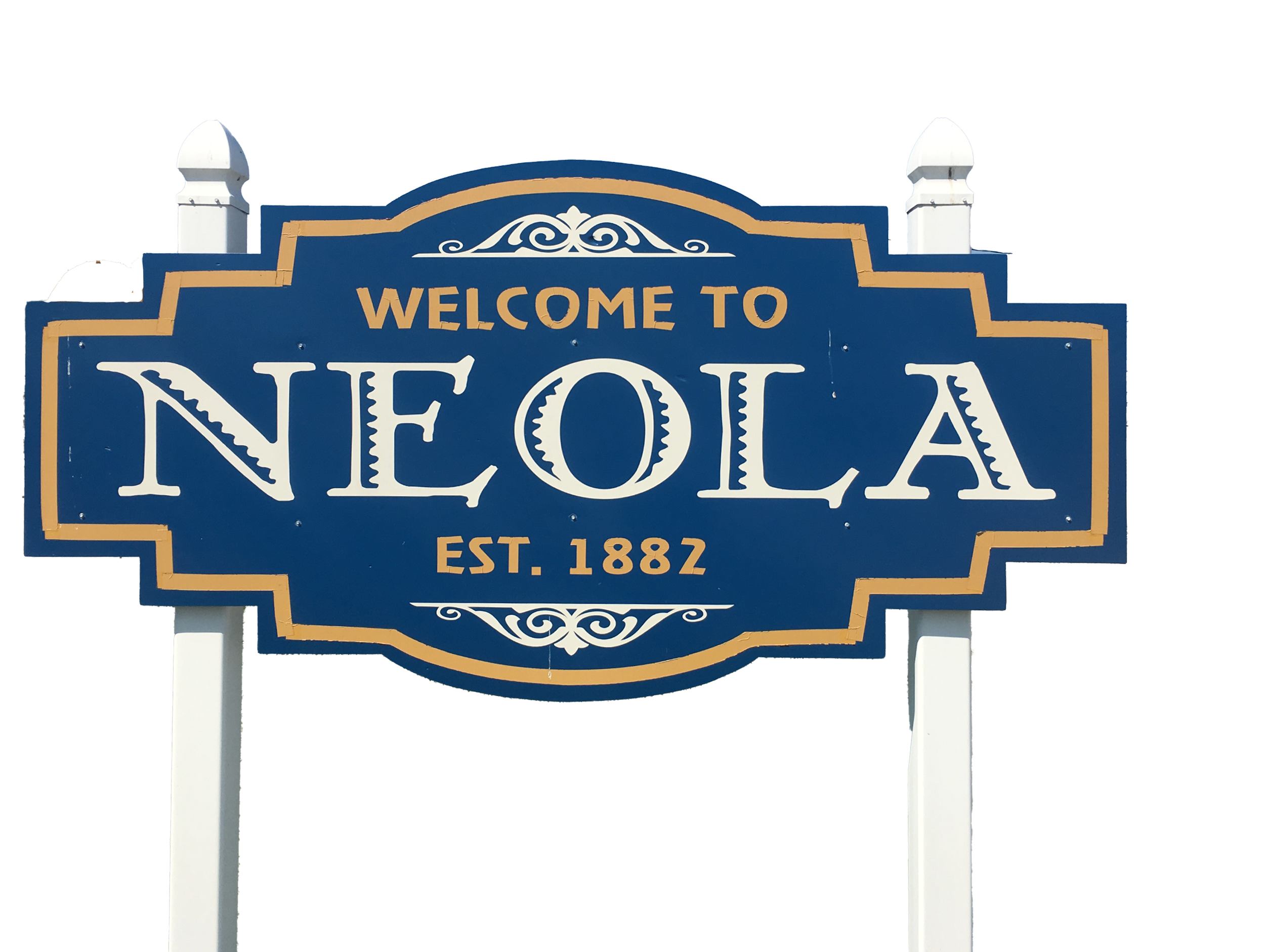 Welcome sign for Neola, established in 1882, in blue with gold and white lettering.