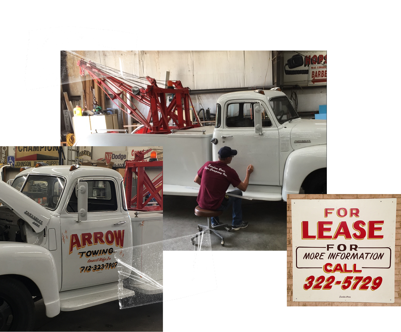 An indoor garage or workshop with an old white Chevrolet pickup truck being worked on; a person in a maroon shirt and hat is sitting on a stool next to the truck, cleaning or painting the door. A large red mechanical arm is mounted on the truck bed. A sign on the wall says 'FOR LEASE' with a phone number for more information.