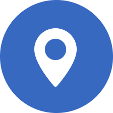 A blue map marker icon on a dark blue circular background.