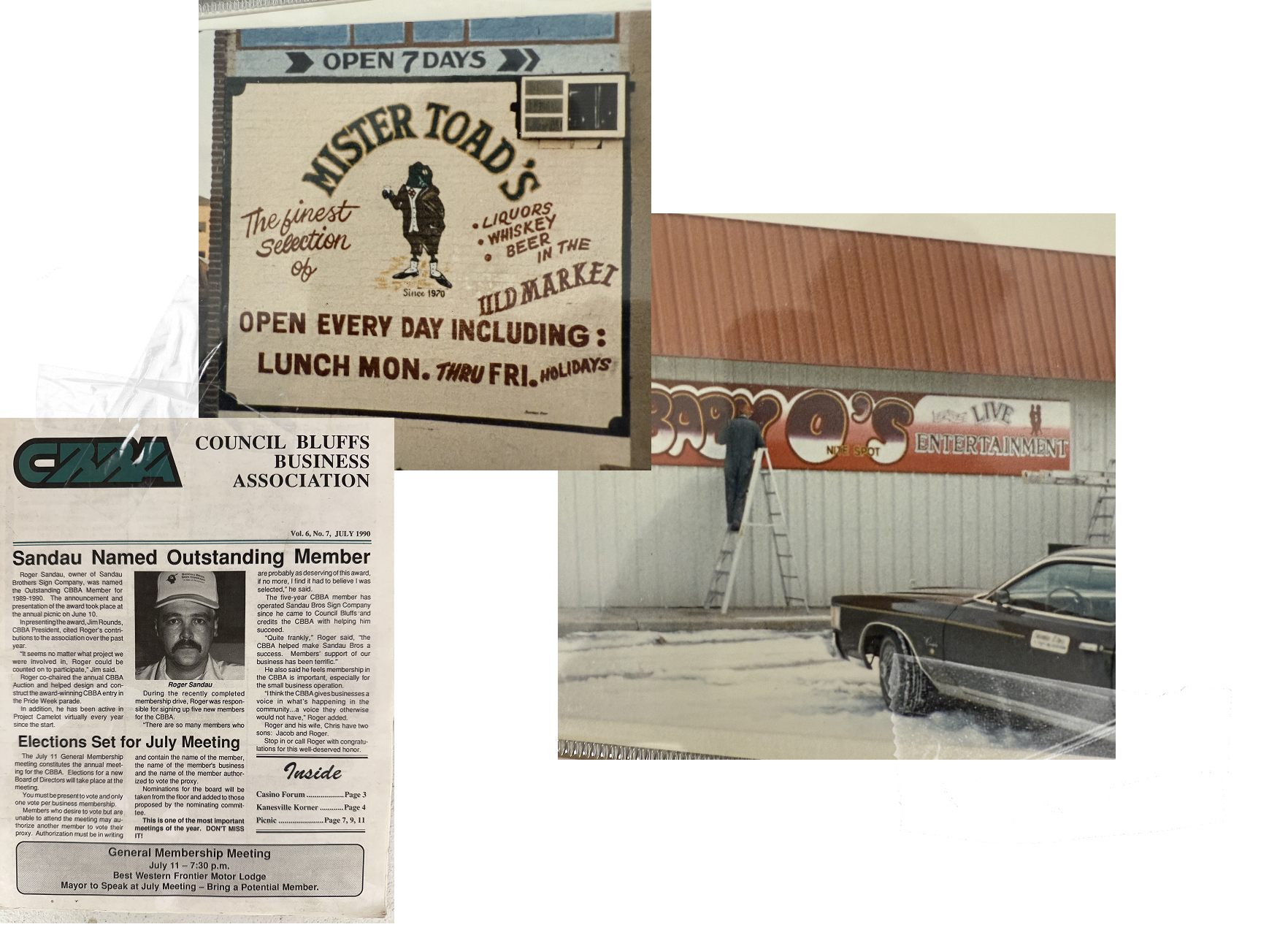 A collage of three images: a sign for Mister Toad's liquor and beer store open 7 days, a person painting a sign live entertainment on a building, and a newspaper page about the Council Bluffs Business Association and local events, with a car parked in front of a building.