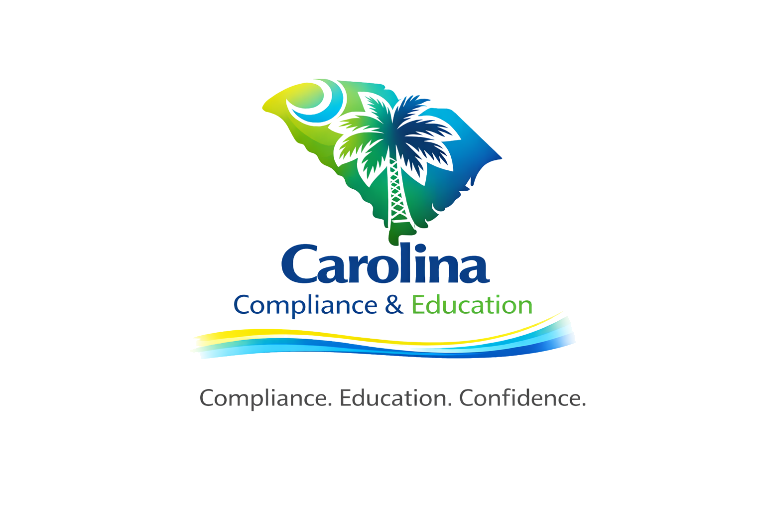 Logo of Carolina Compliance & Education featuring a green, blue, and yellow gradient outline of South Carolina with a palm tree and water waves underneath, accompanied by the text 'Carolina Compliance & Education' and the slogan 'Compliance. Education. Confidence.'