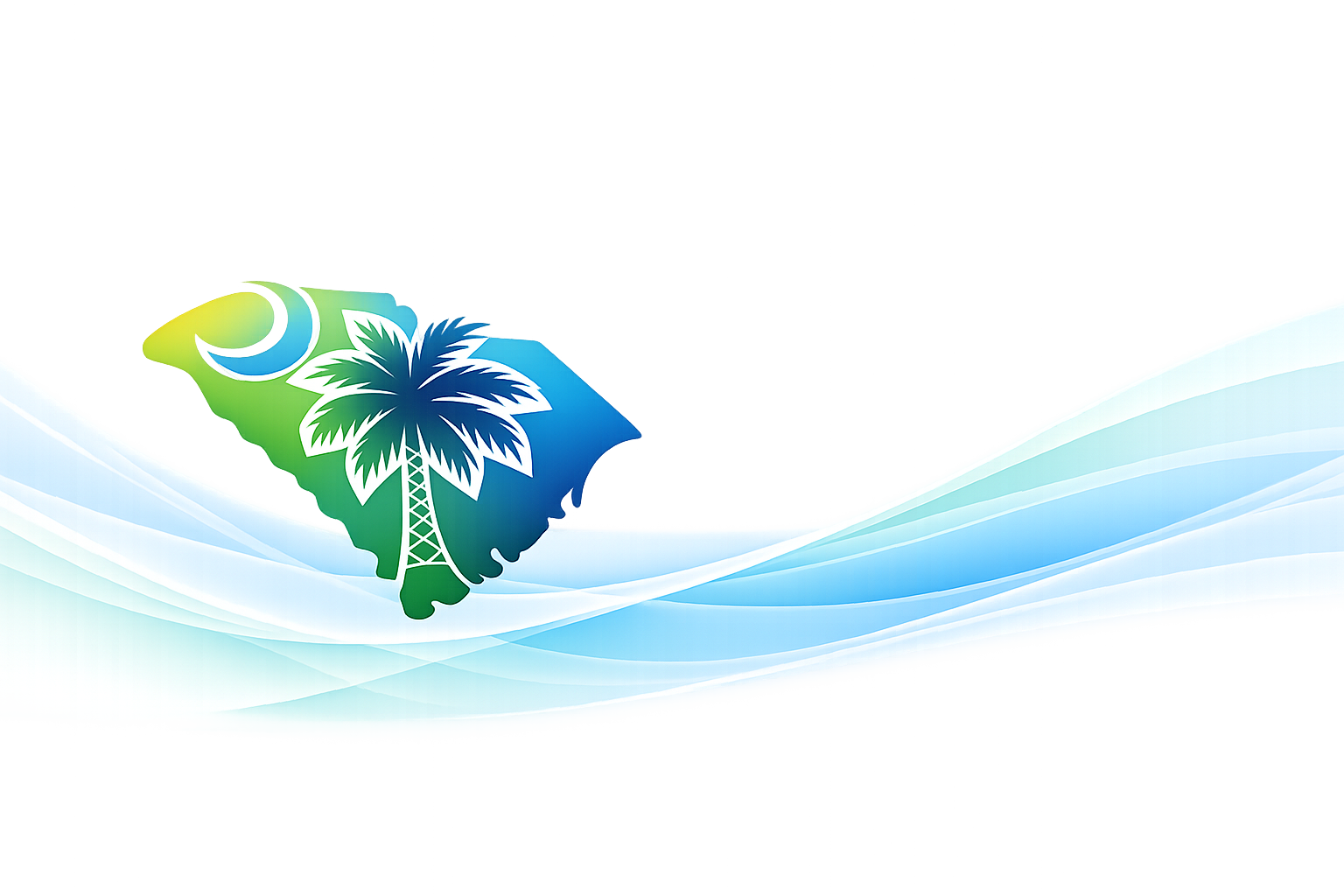 Stylized graphic of the state of South Carolina with a palm tree, a crescent moon, and waves, representing a beach or coastal theme.