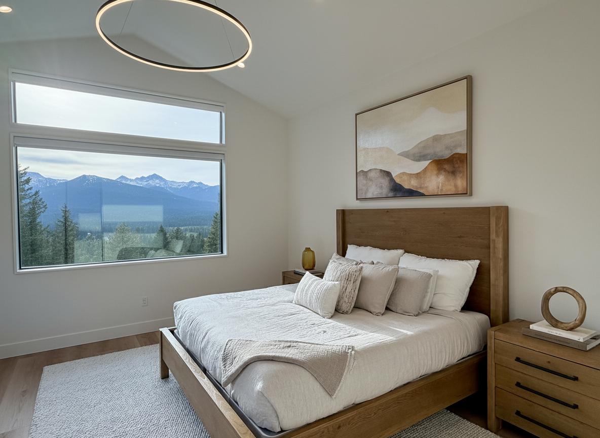 A minimalist bedroom featuring a wooden bed with light-colored bedding and multiple pillows, a wooden nightstand with a decorative object and books, a large window with a view of mountains and trees, a modern circular ceiling light, and abstract moun