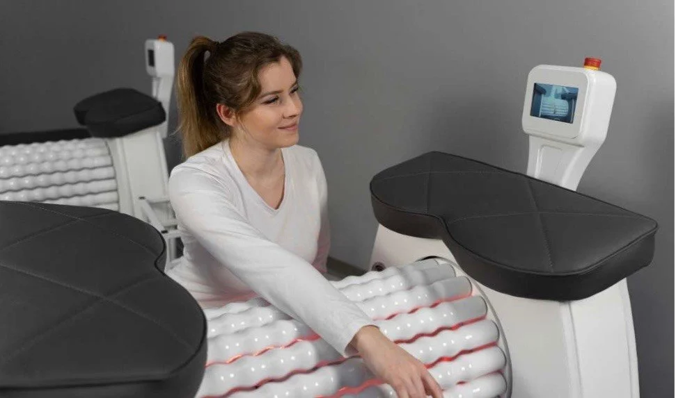 Lymphatic drainage roll machine with red light therapy used in professional wellness treatment.