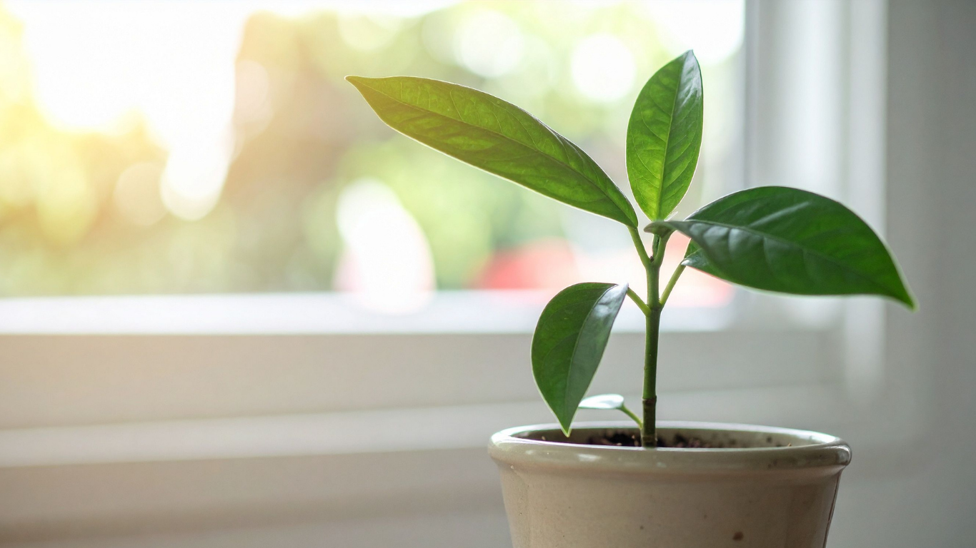 A small potted green plant with broad leaves sitting on a windowsill. Sunlight shines through the window, creating a warm glow.
