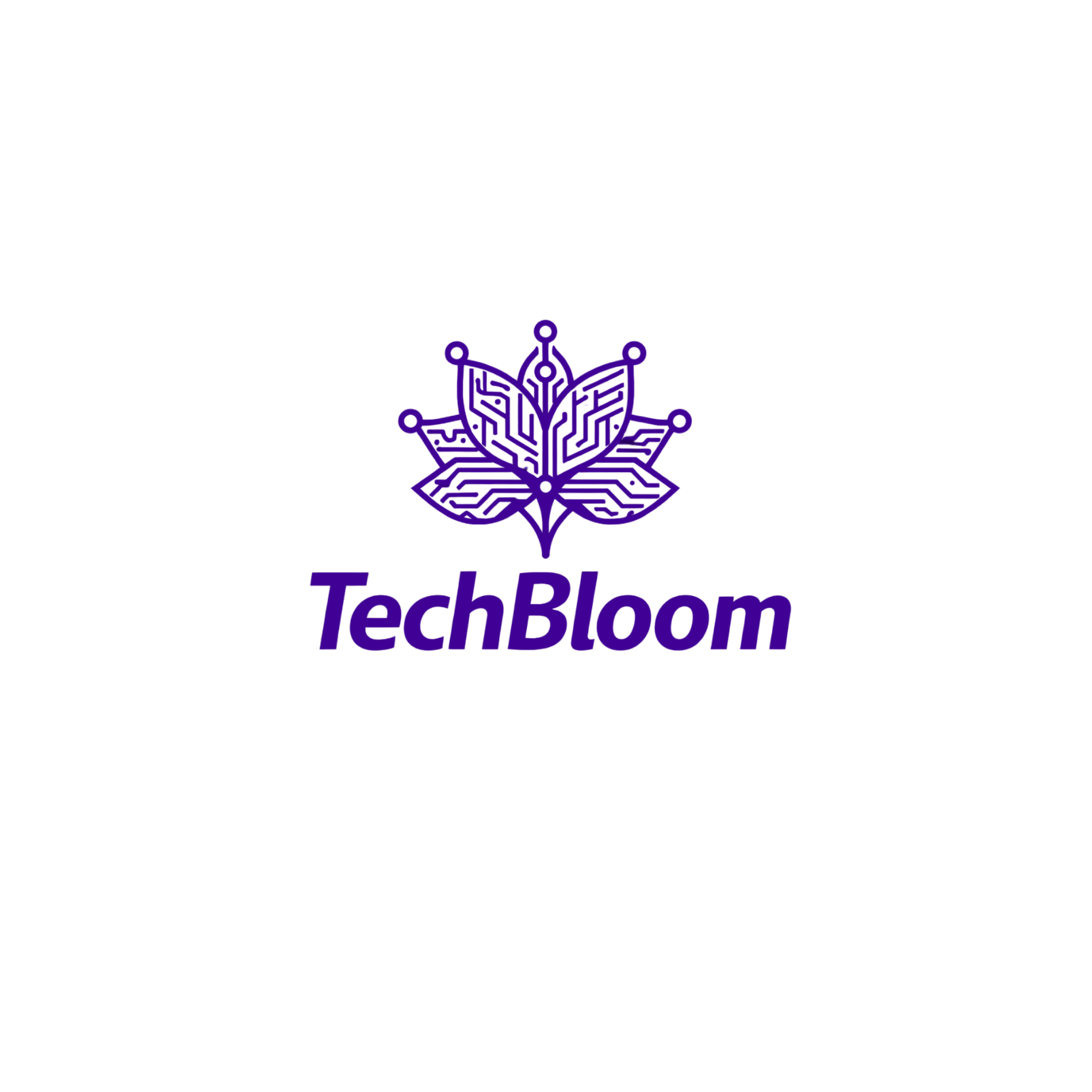 A black background with a purple butterfly logo composed of circuit lines, and the text 'TechBloom' in purple below the butterfly.