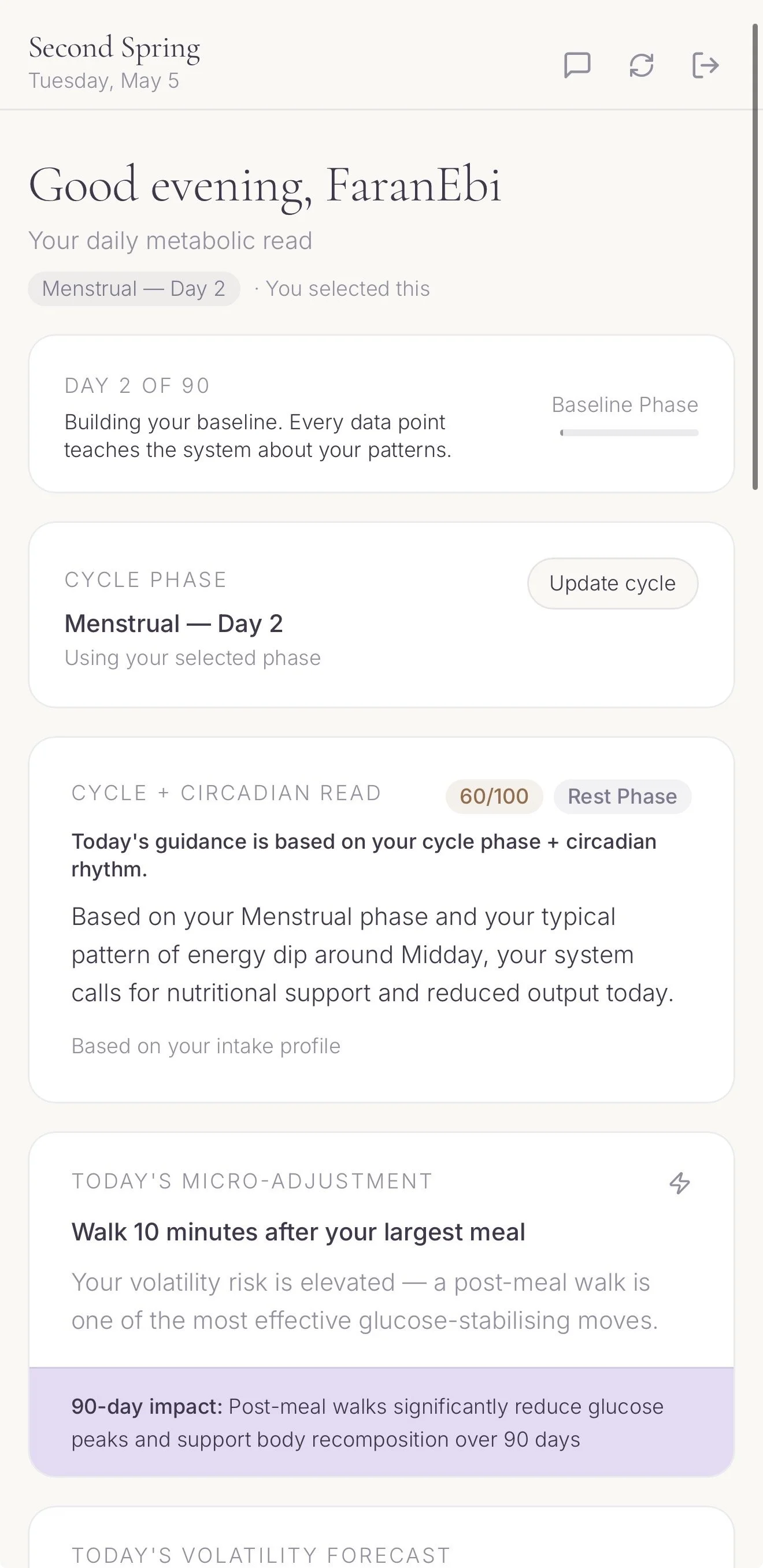 Second Spring app tracking perimenopause metabolic signals and cycle data